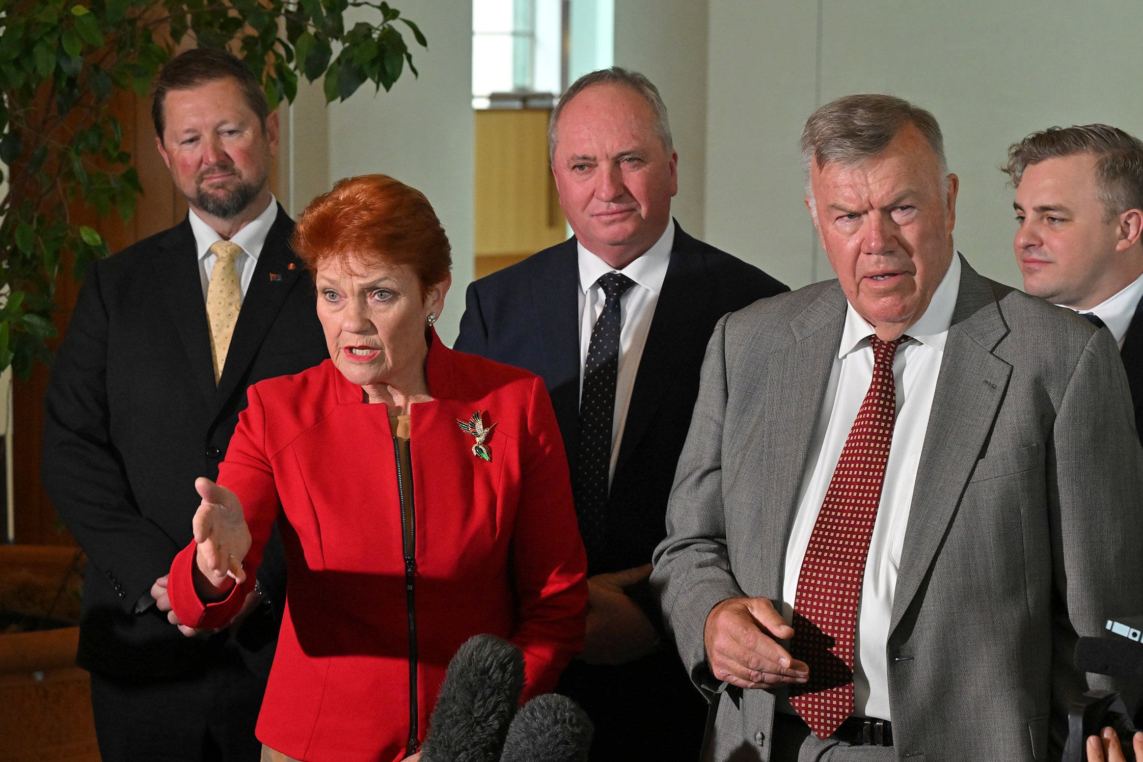 One Nation leader Pauline Hanson with Barnaby Joyce at Parliament House flanked by new member for Farrer David Farley.