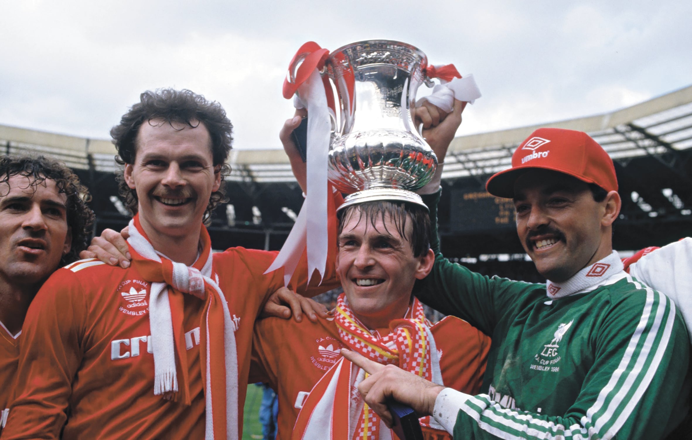 Liverpool’s  Craig Johnston, Kevin MacDonald, Kenny Dalglish and Bruce Grobbelaar celebrate their 1986 FA Cup win against Everton at Wembley
