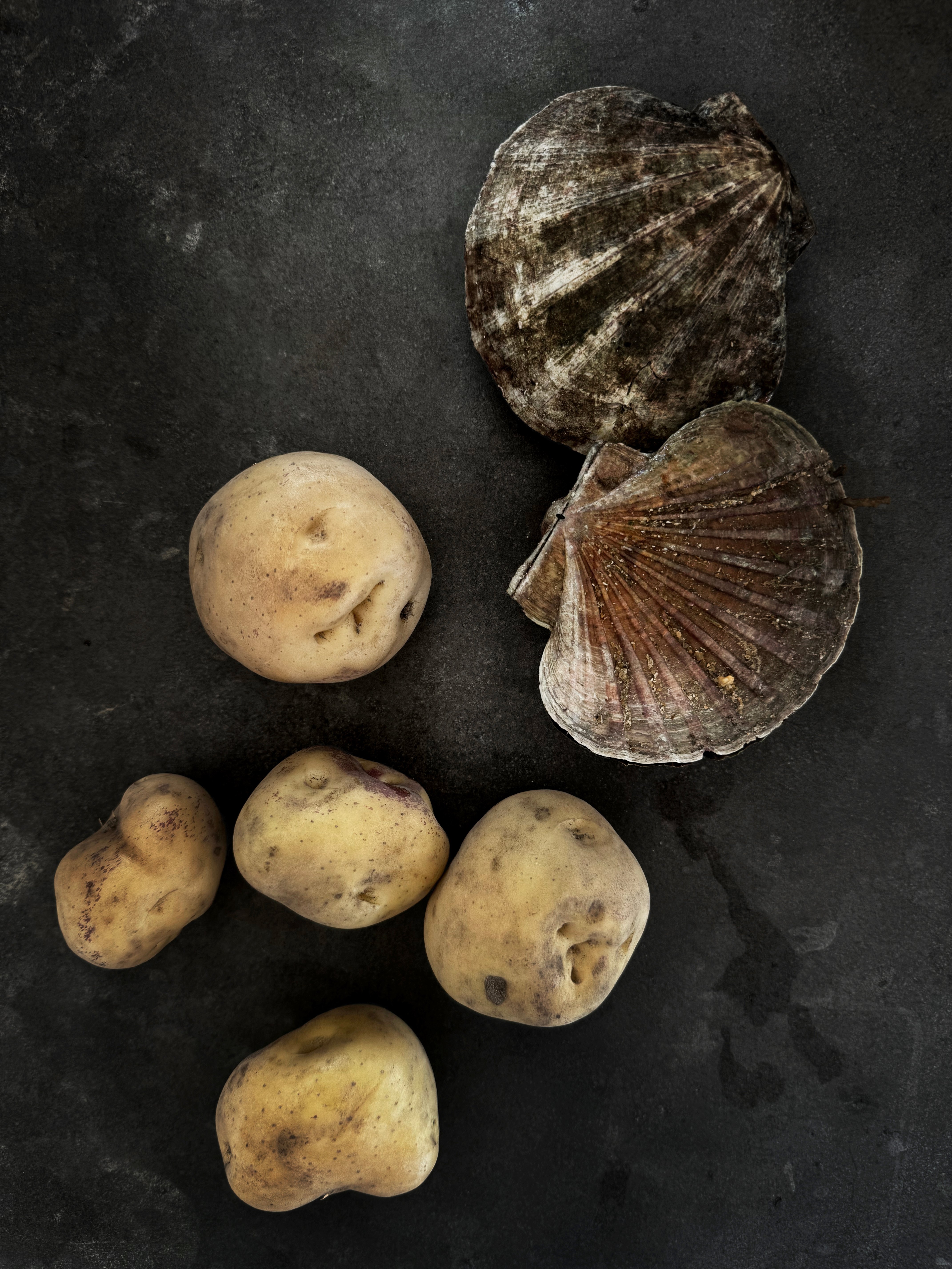 Five potatoes and the two halves of a scallop shell.