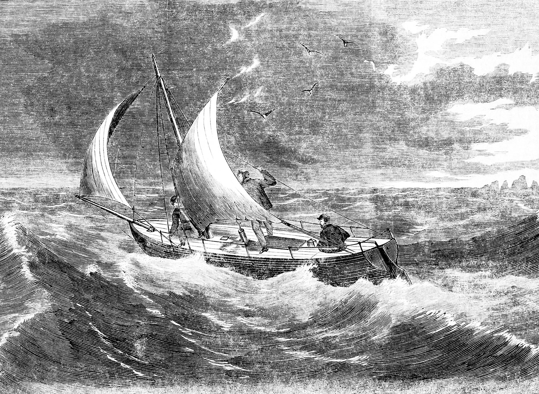 A sketch of Thomas Musgrave and two crew members on a ship in rough seas.