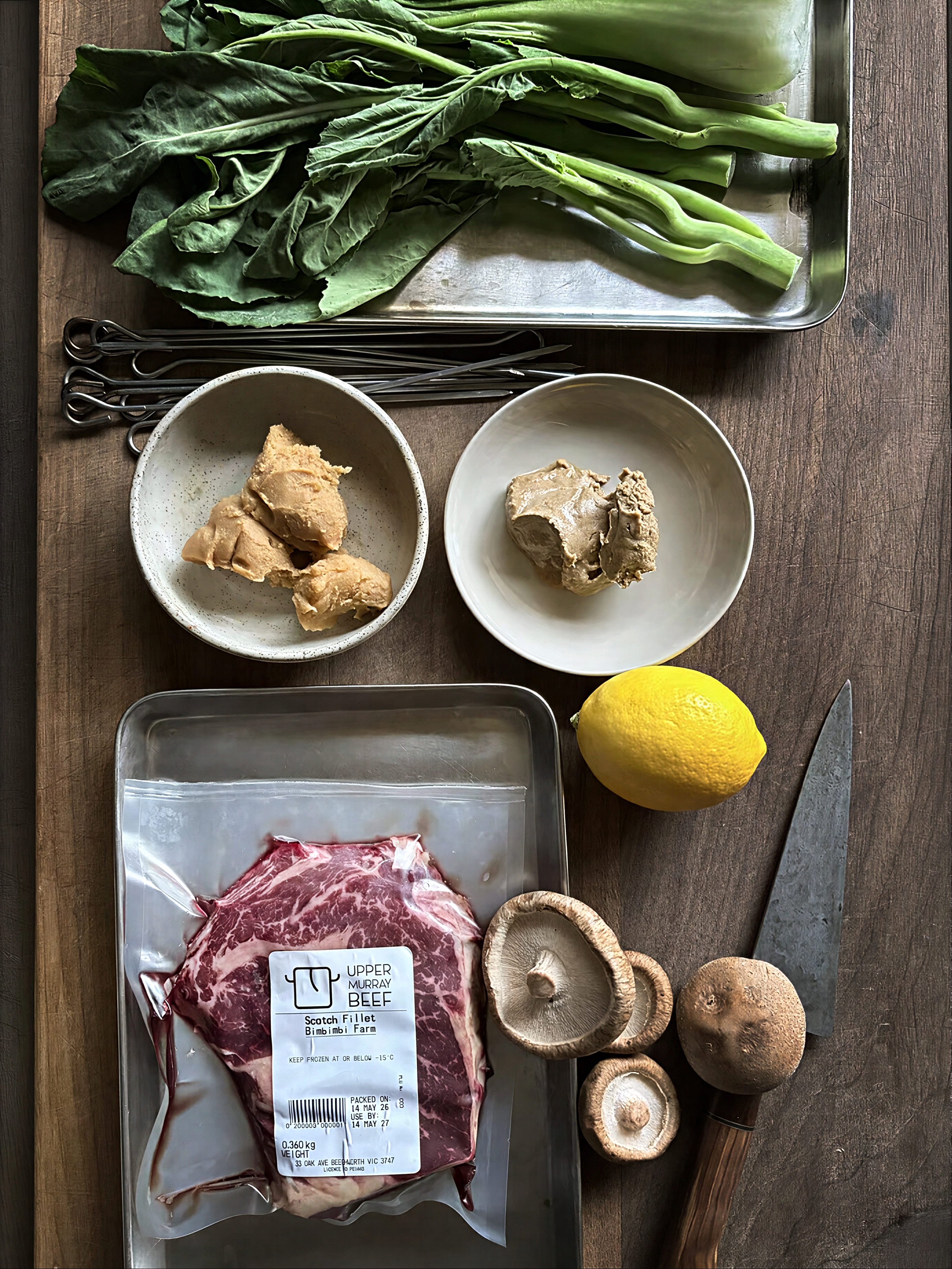 Ingredients for beef skewers with miso and tahini dressing