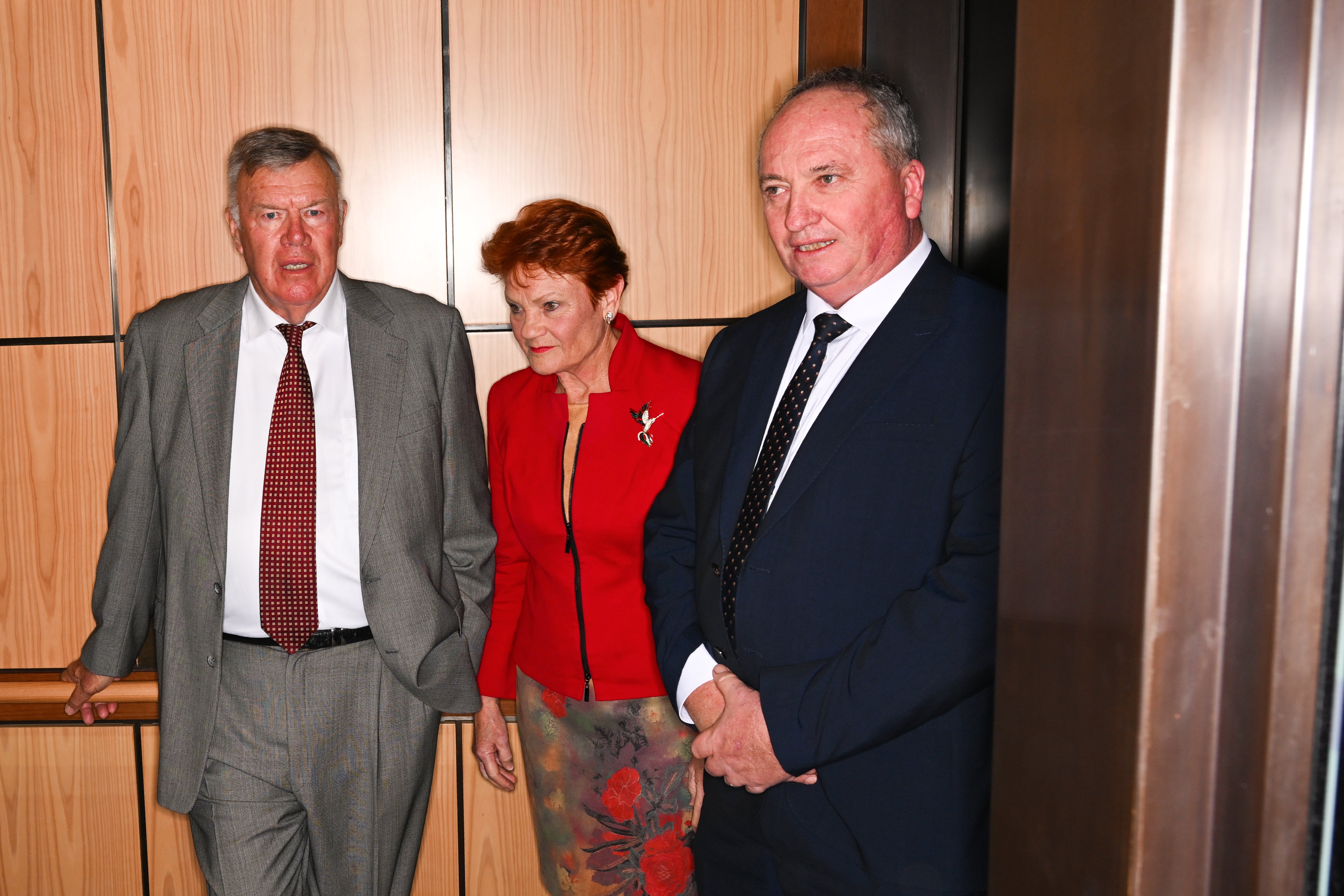 One Nation leader Pauline Hanson, with Member for New England Barnaby Joyce and the new member for Farrer, David Farley.