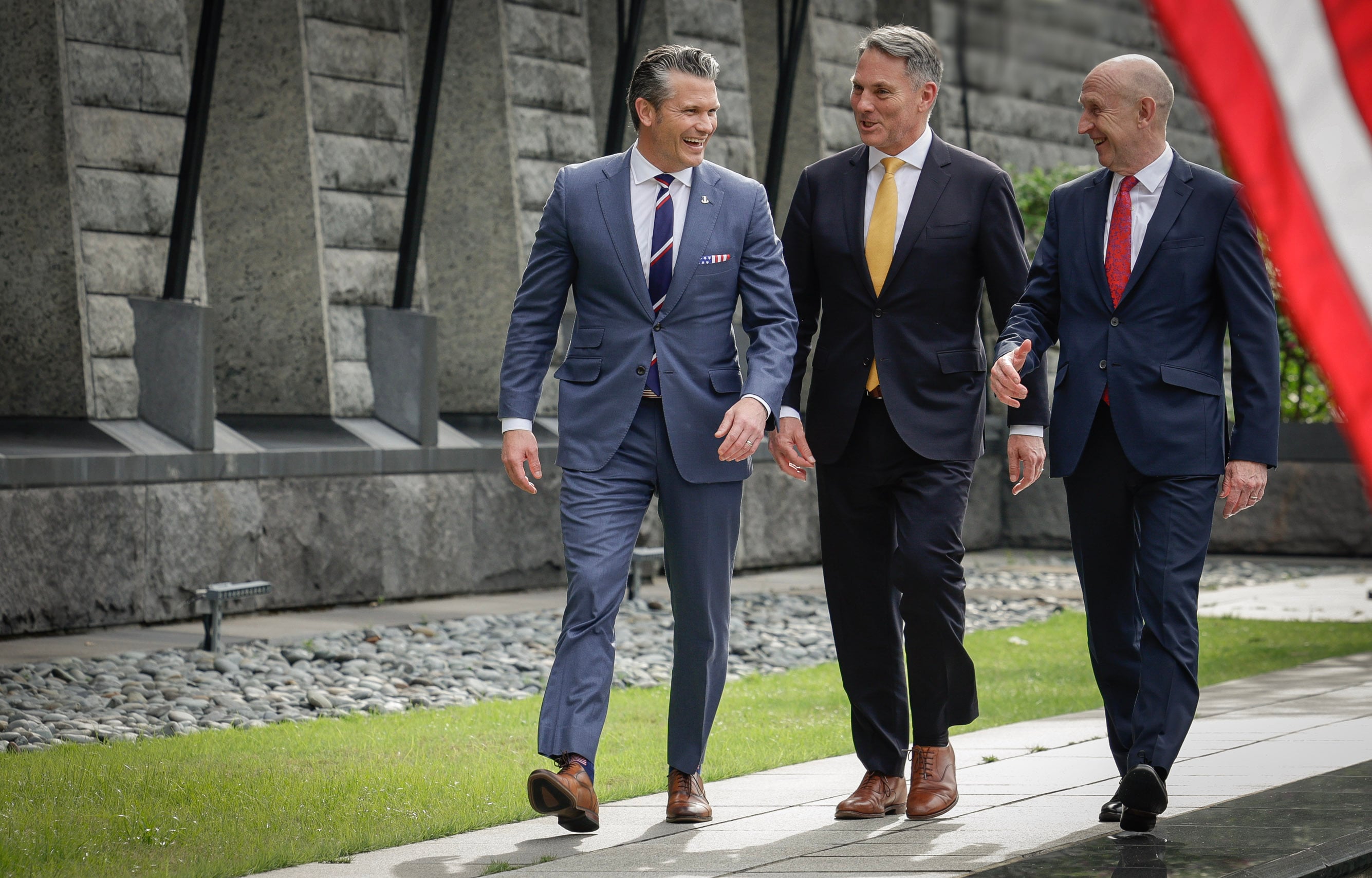 US Secretary of War Pete Hegseth (left) with Richard Marles (centre) and UK Secretary of State for Defence John Healey arriving for an AUKUS meeting in Singapore last weekend.