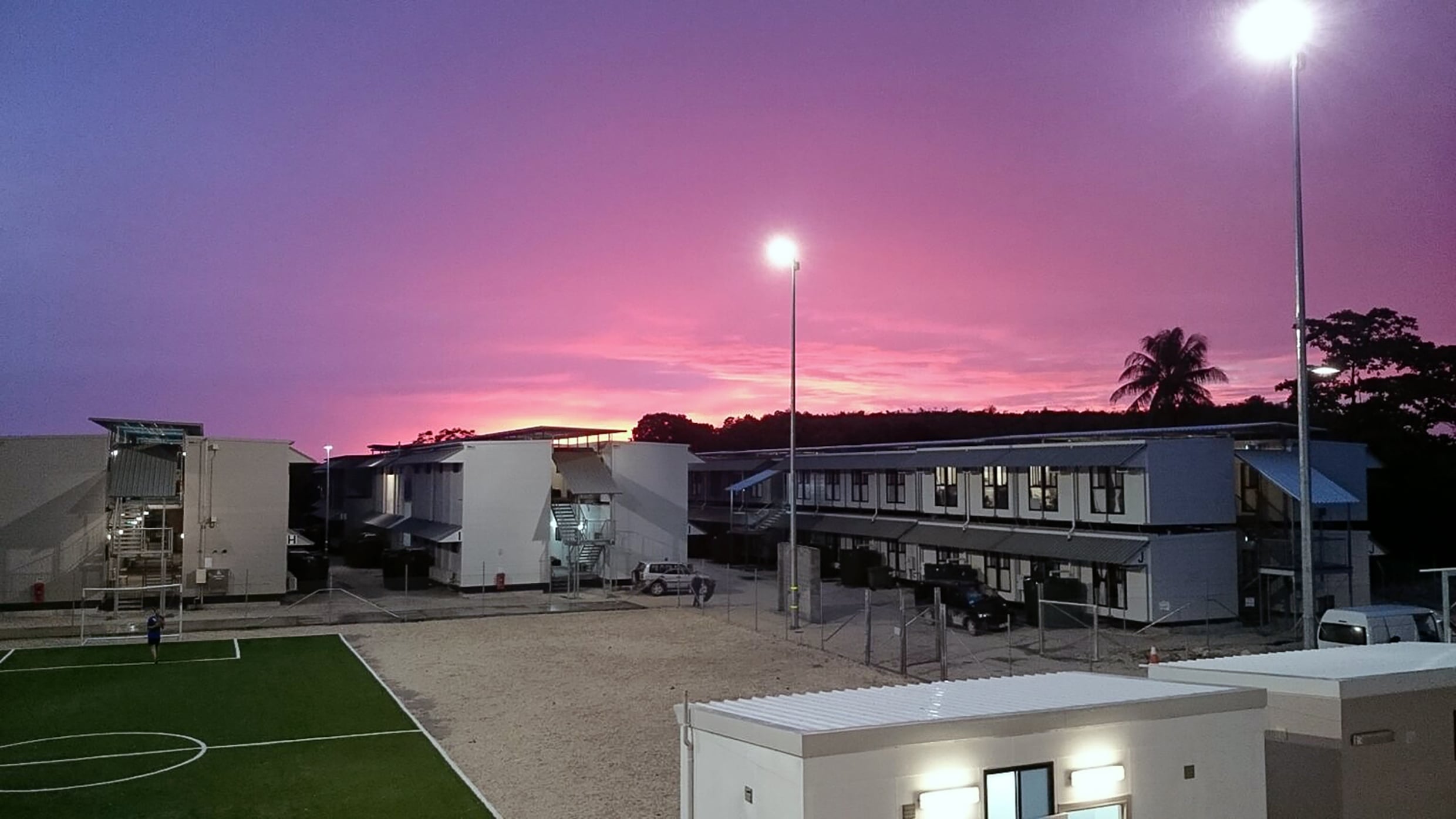 The exterior of an offshore immigration detention facility.