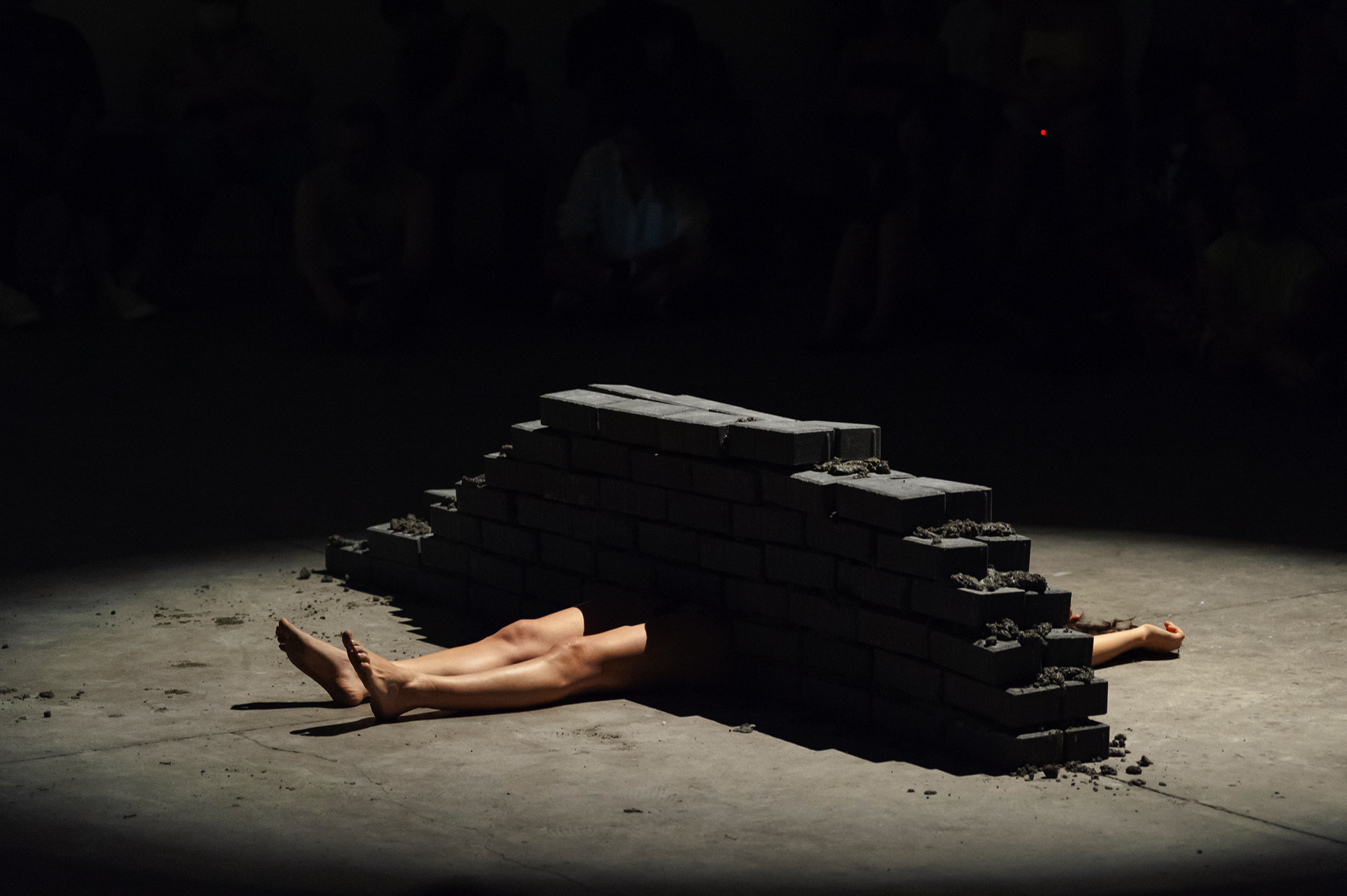 A naked body with a brick wall over its middle.