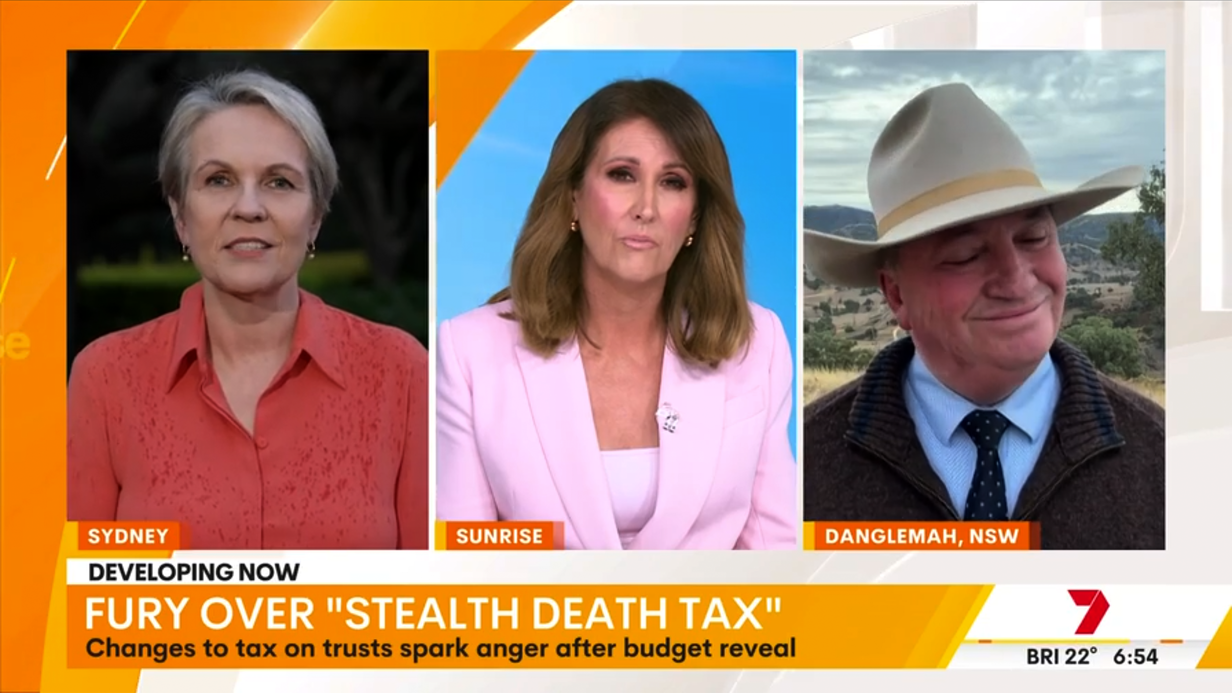 Labor’s Tanya Plibersek on Sunrise with co-host Natalie Barr and One Nation’s Barnaby Joyce. 