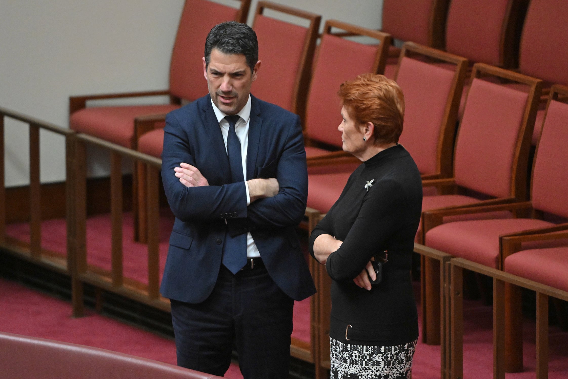 Alex Antic and Pauline Hanson in the Senate chamber at Parliament House. 