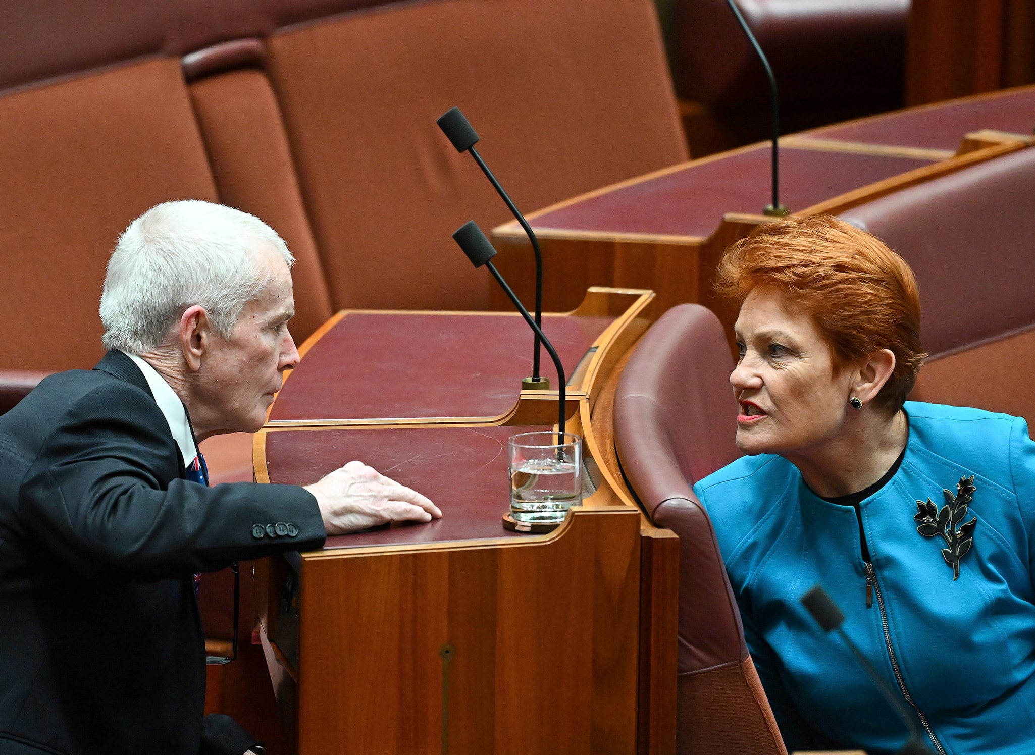 One Nation leader Pauline Hanson speaks with fellow One Nation senator Malcolm Roberts.