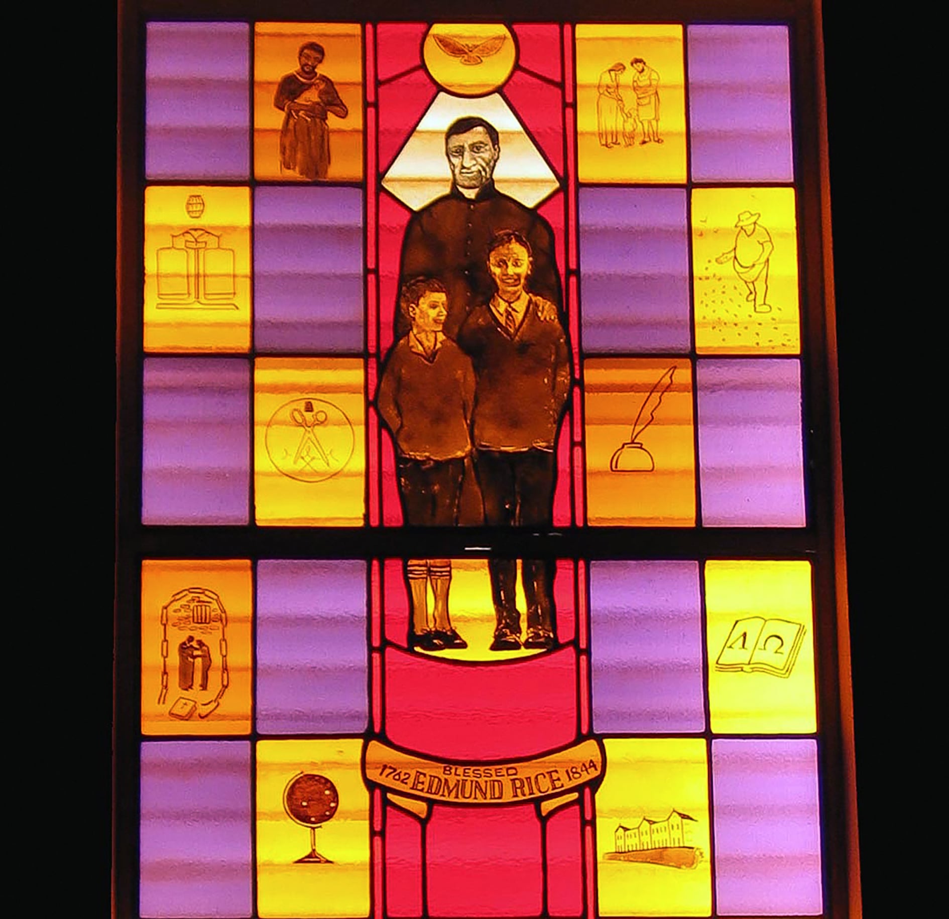 A stained-glass depiction of Christian Brothers founder Edmund Rice.