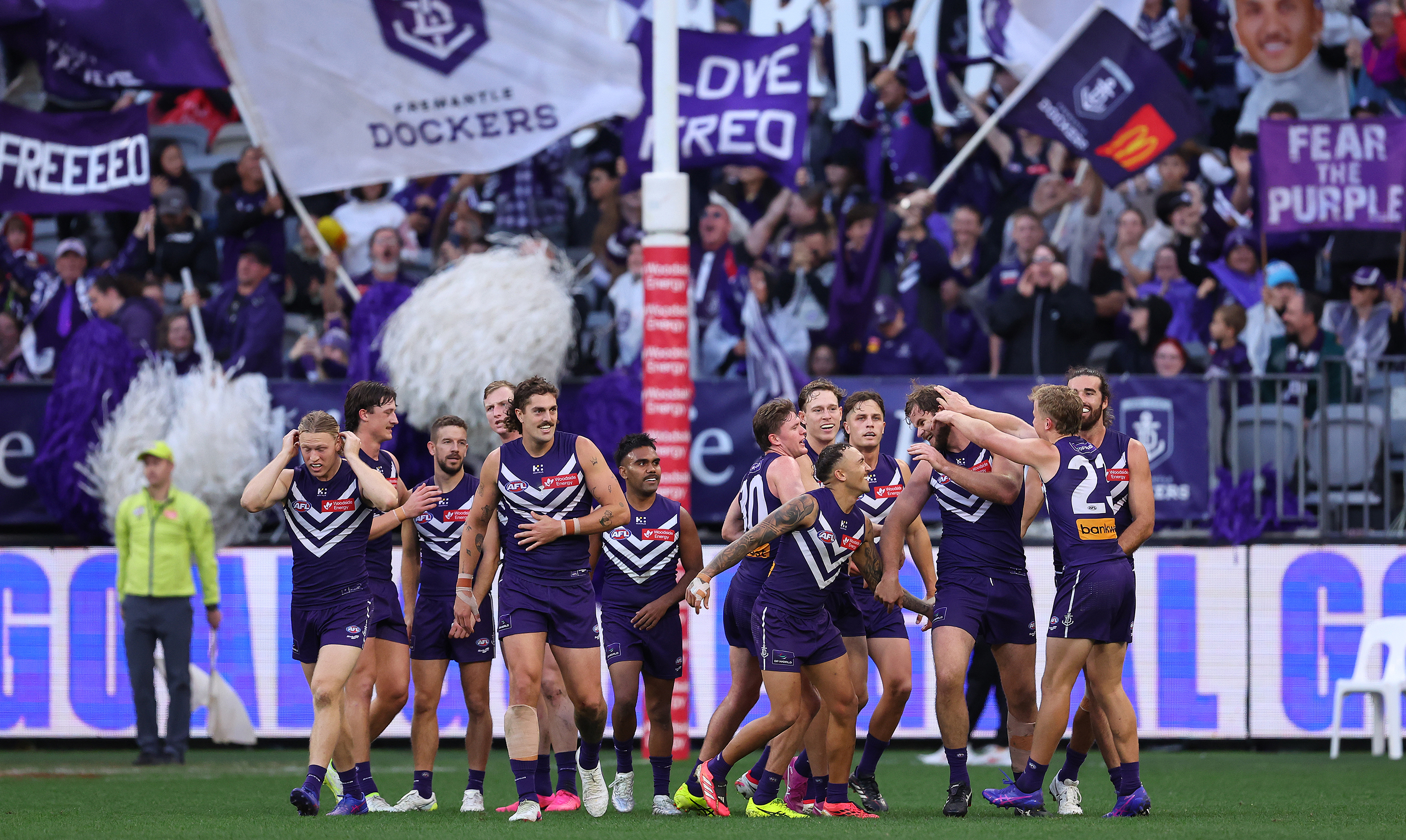 Fremantle Dockers celebrating on the pitch.