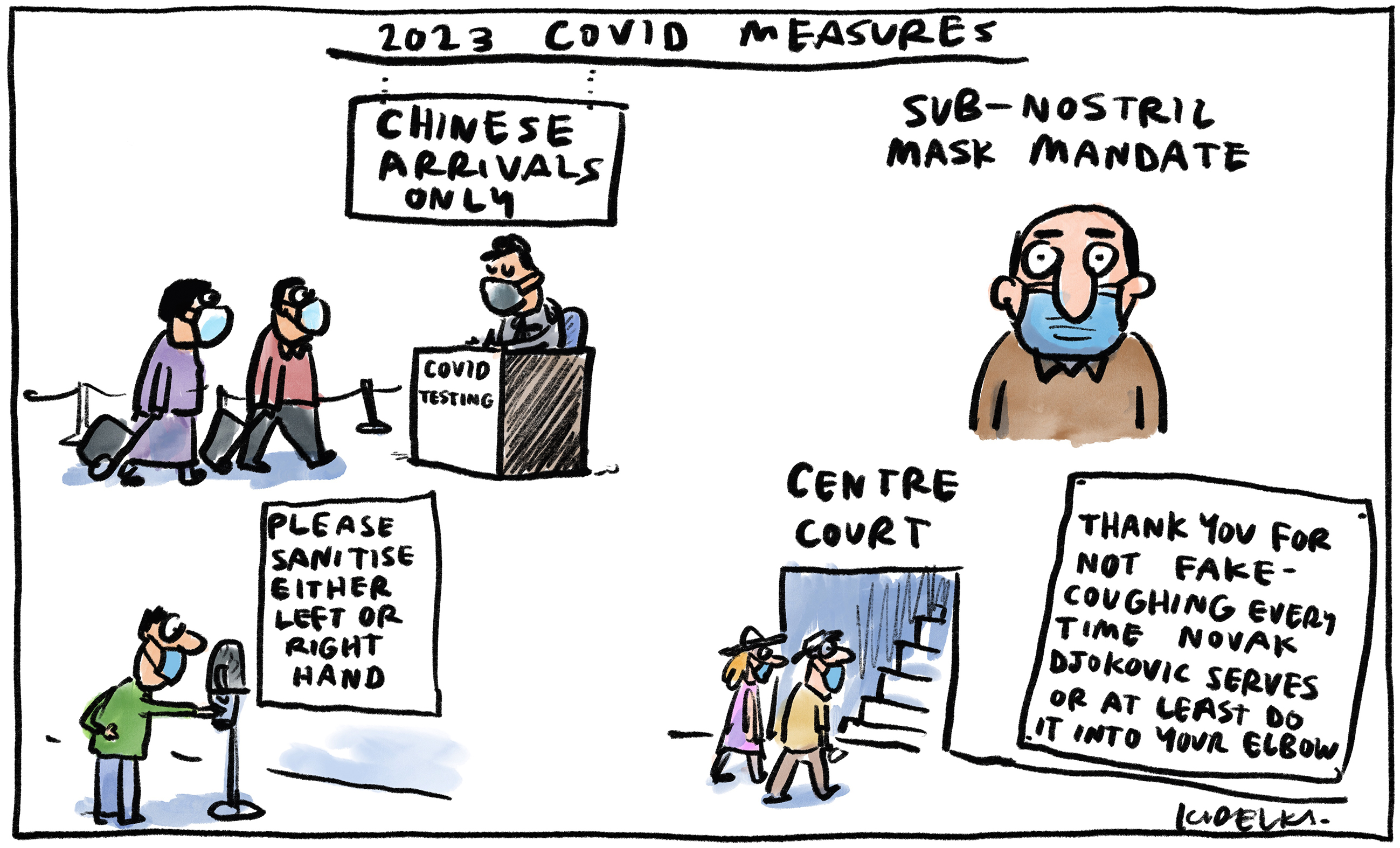 Squiggly cartoons of people with a headline of '2023 Covid measures' with Chinese arrivals only being tested for Covid, while others have a sub-nostril mask mandate