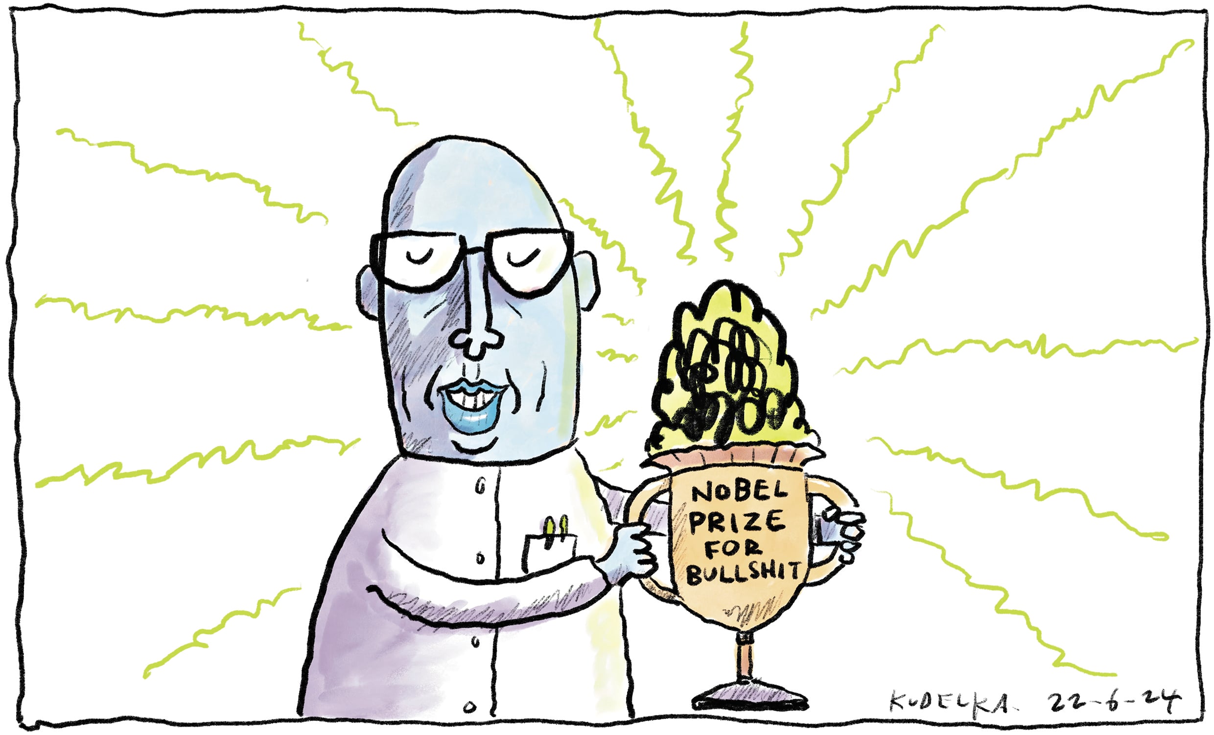 Cartoon pictures Peter Dutton holding a golden award that reads "Nobel Prize for bullshit"