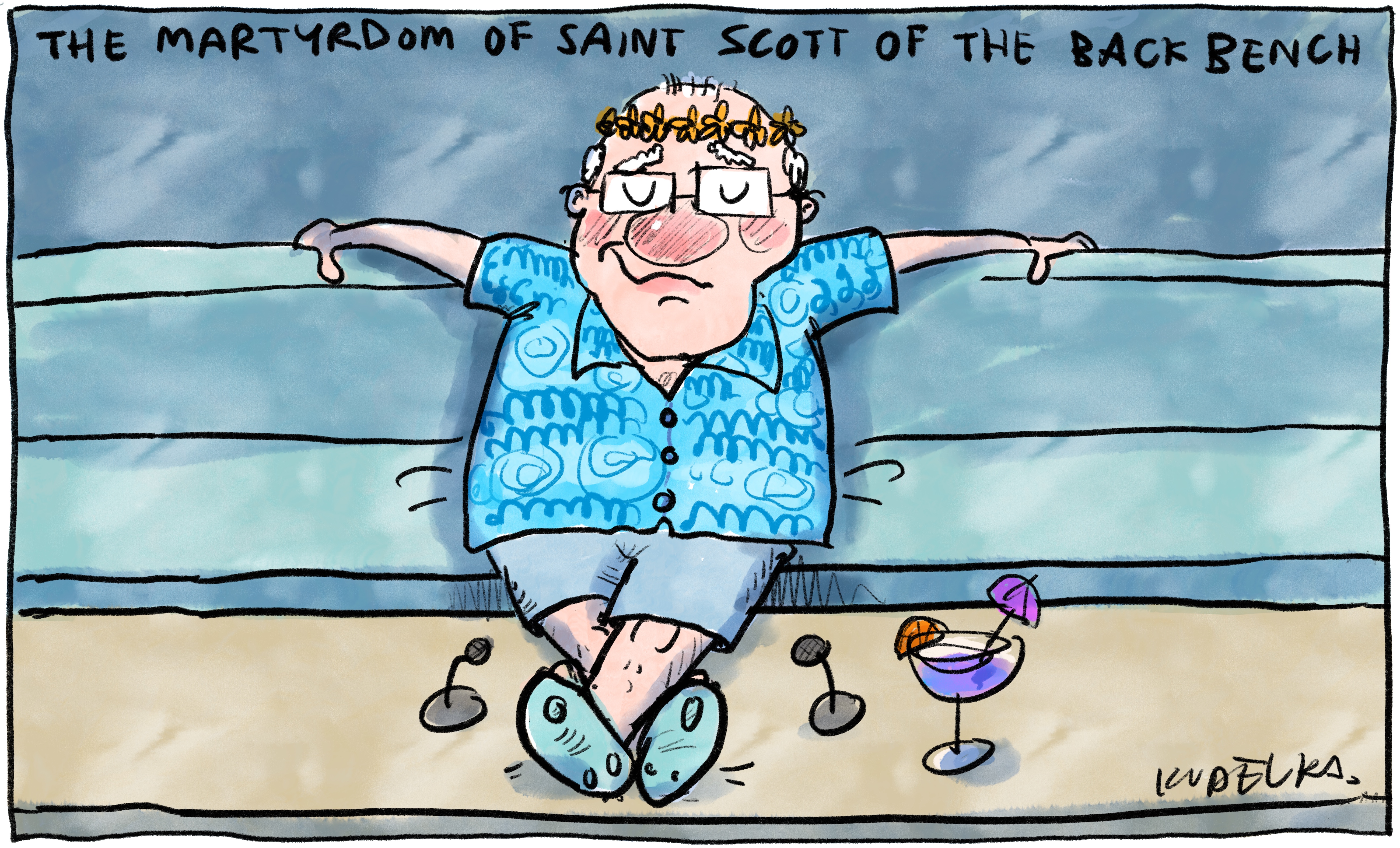 A cartoon drawing of Scott Morrison - a Caucasian middle-aged man drawn with rectangular glasses, wearing a Hawaiian shirt and shorts as well as a flower wreath - where he reclines on a blue bench with a purple cocktail (umbrella included) on the sand next to him.
