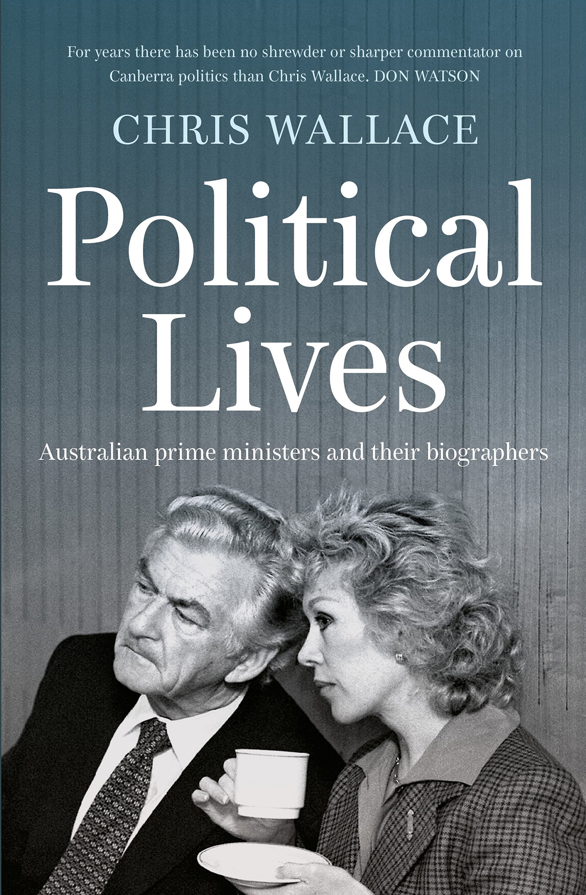 Book cover: elderly man in a suit leans toward a woman holding a teacup and saucer. They're both gazing at something out of frame. The book's author and title are printed in white text above their heads.