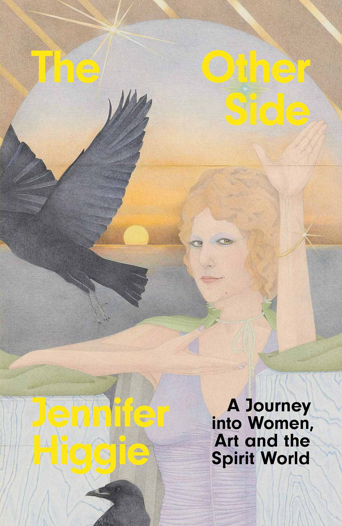 Book cover: Painiting of a woman in a dress, with crows flying around her. Behind her is the ocean, with the sun dipping over the horizon.