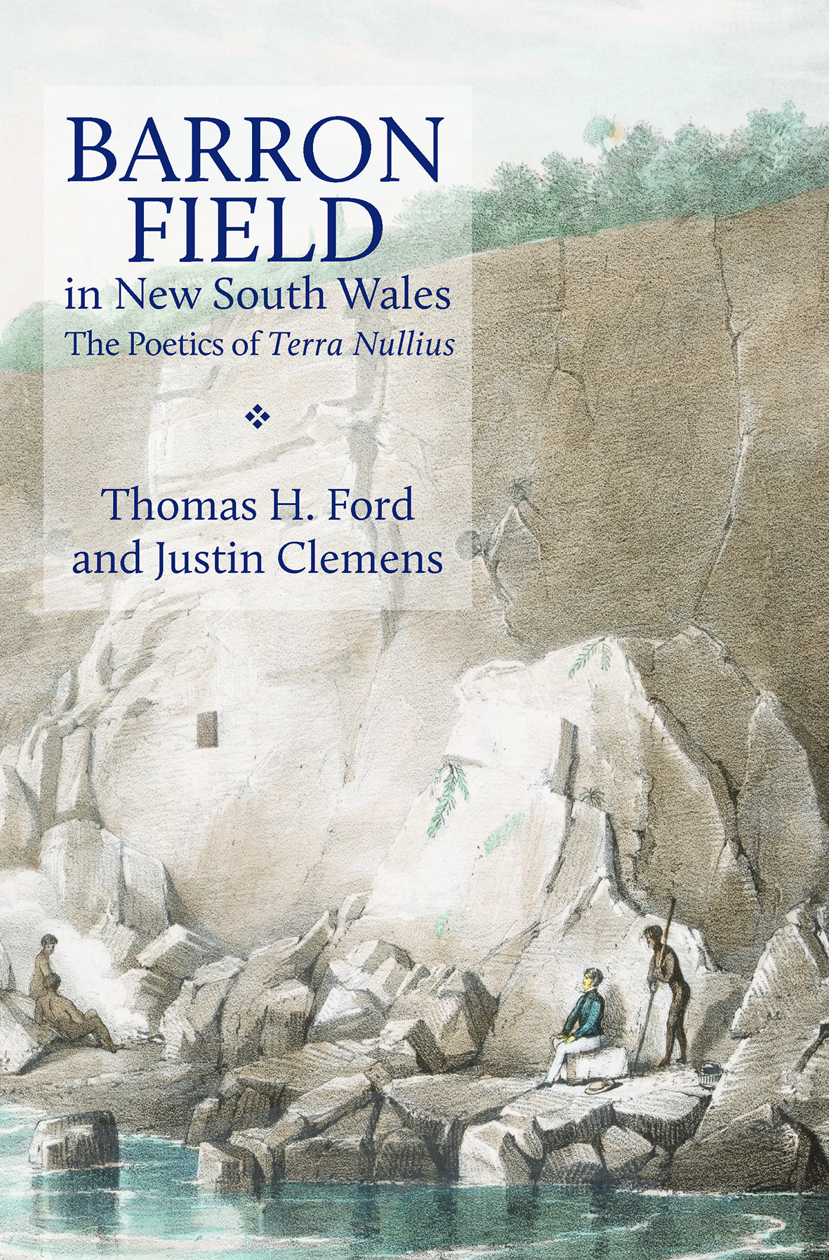 Book cover: painting of several figures resting by a river, on the rocks at the bottom of a cliff face