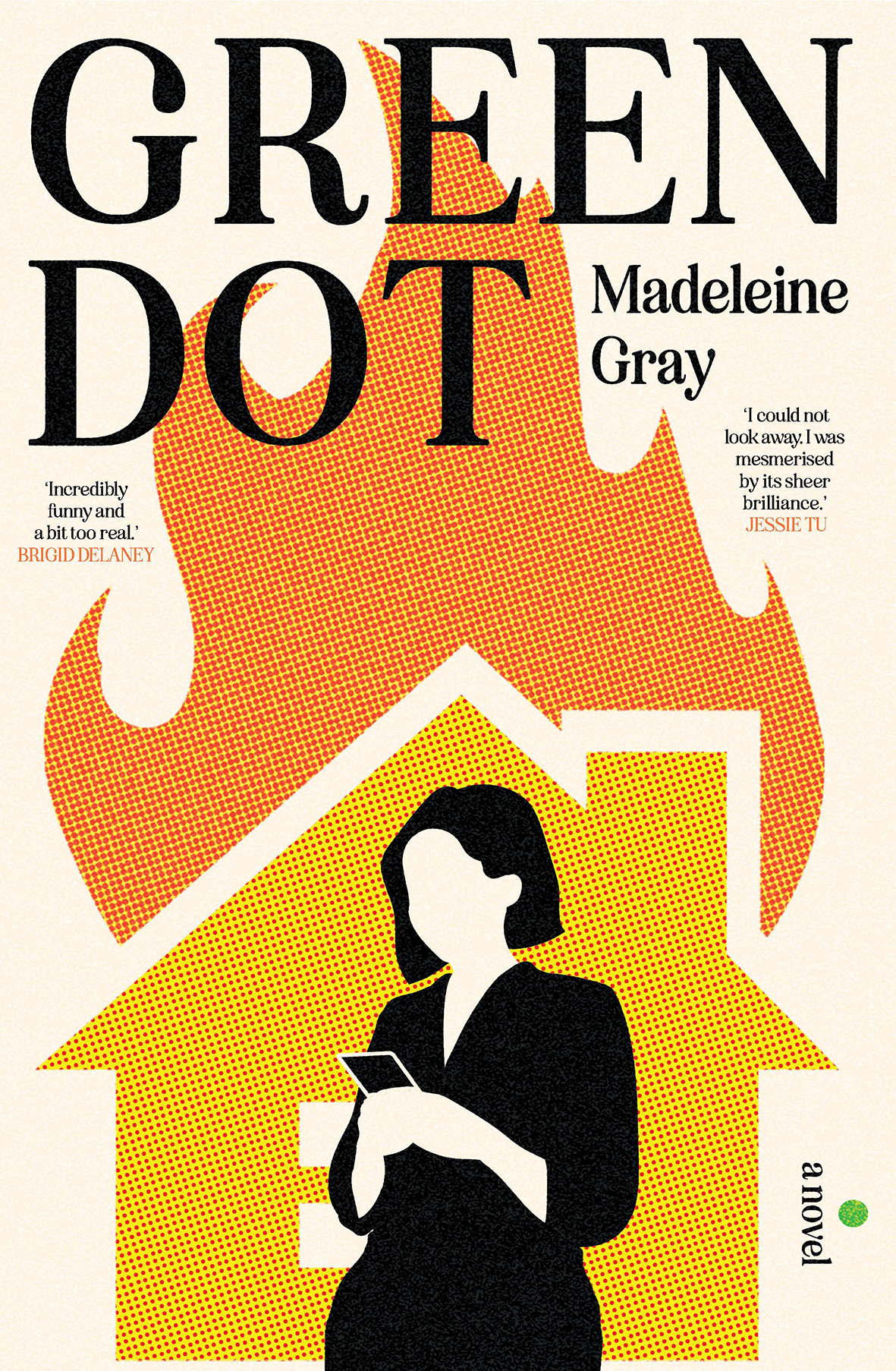 Book cover: Illustration of a woman looking at her phone with burning house behind her.