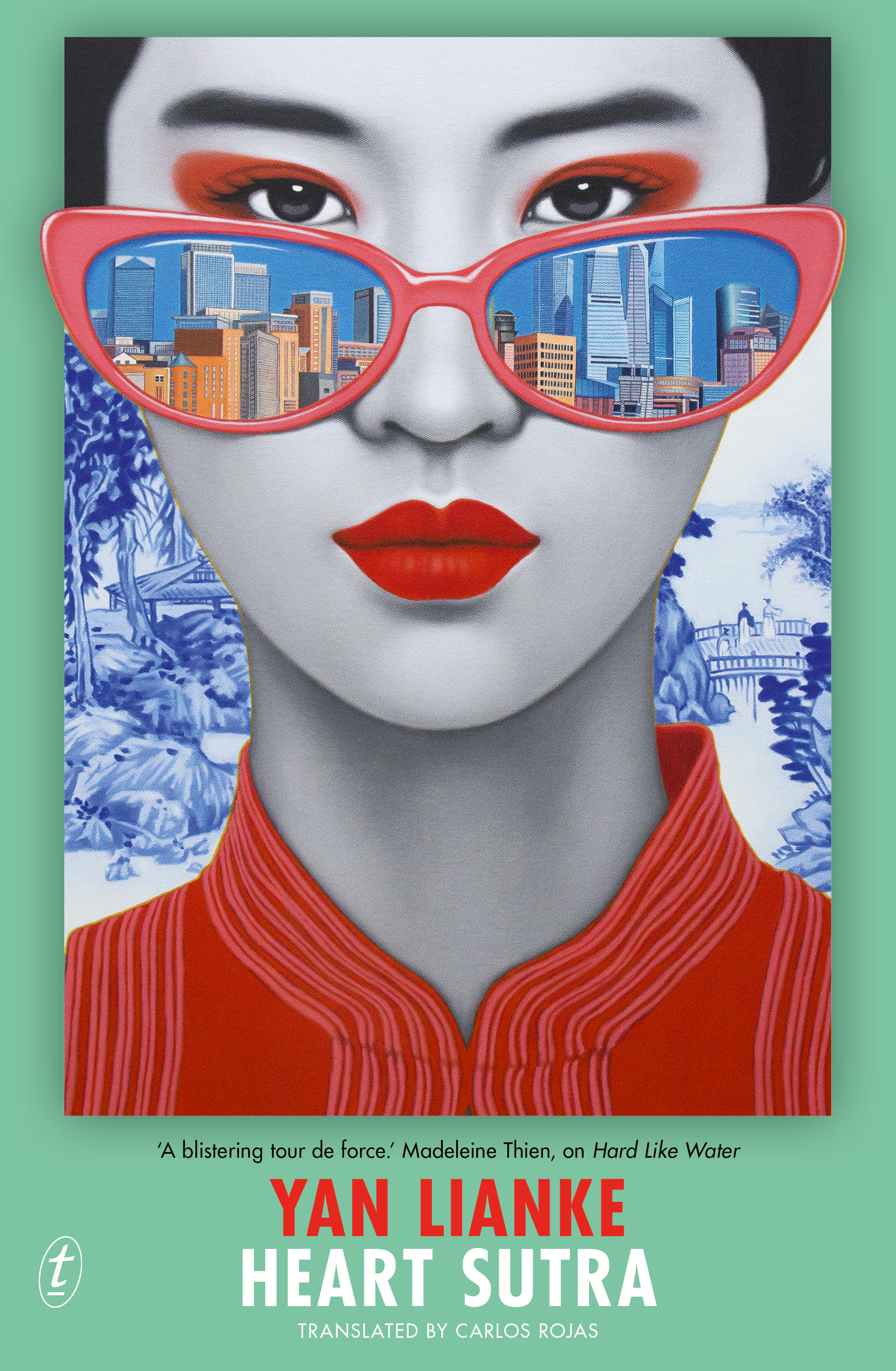 Book cover: Illustration of a woman wearing bright red lipstick and sunglasses, a city reflecting in their shades. 