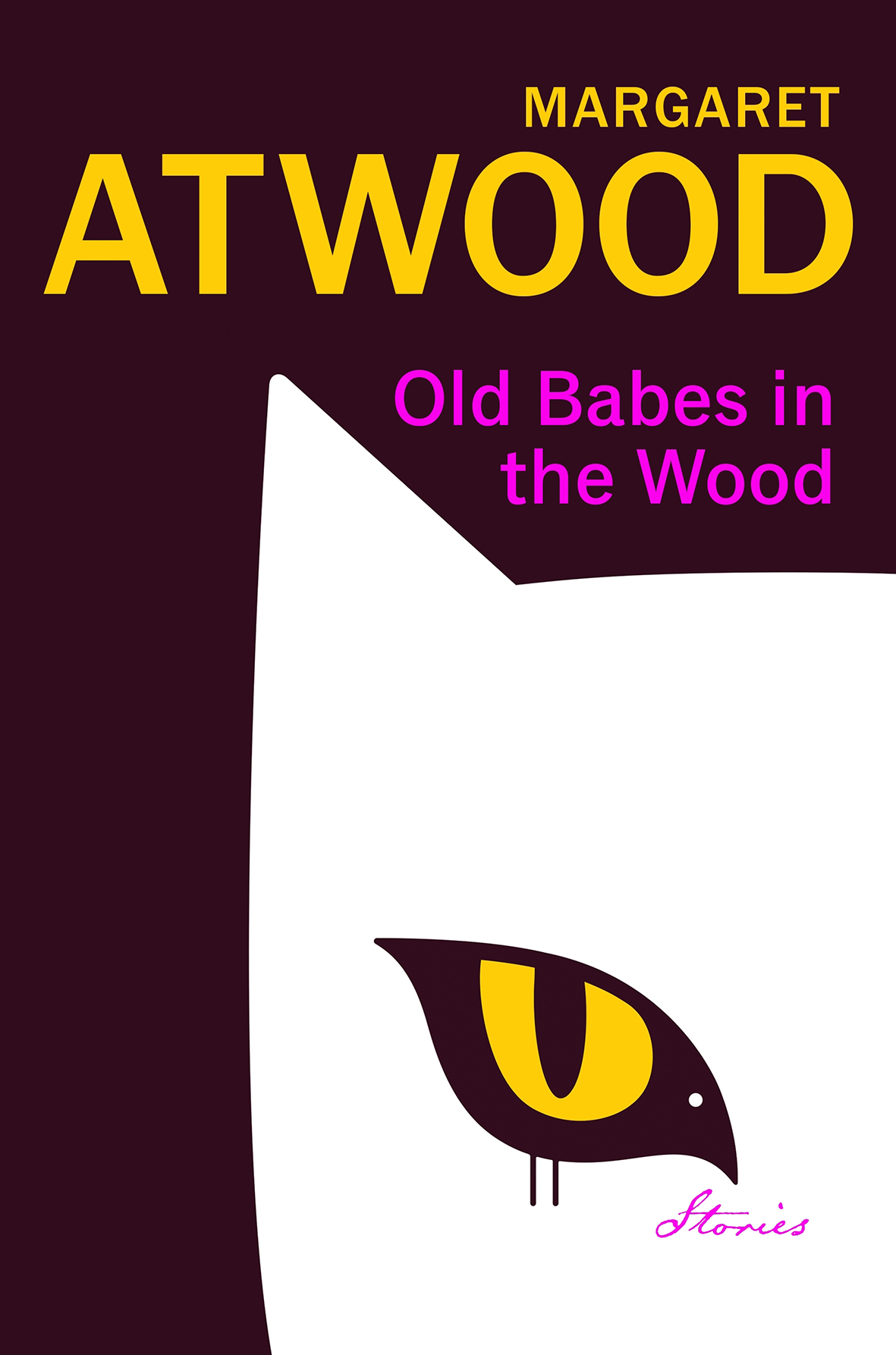Book cover: drawing of a white cat with yellow eyes. The author's name and book title printed above in yellow and pink text.