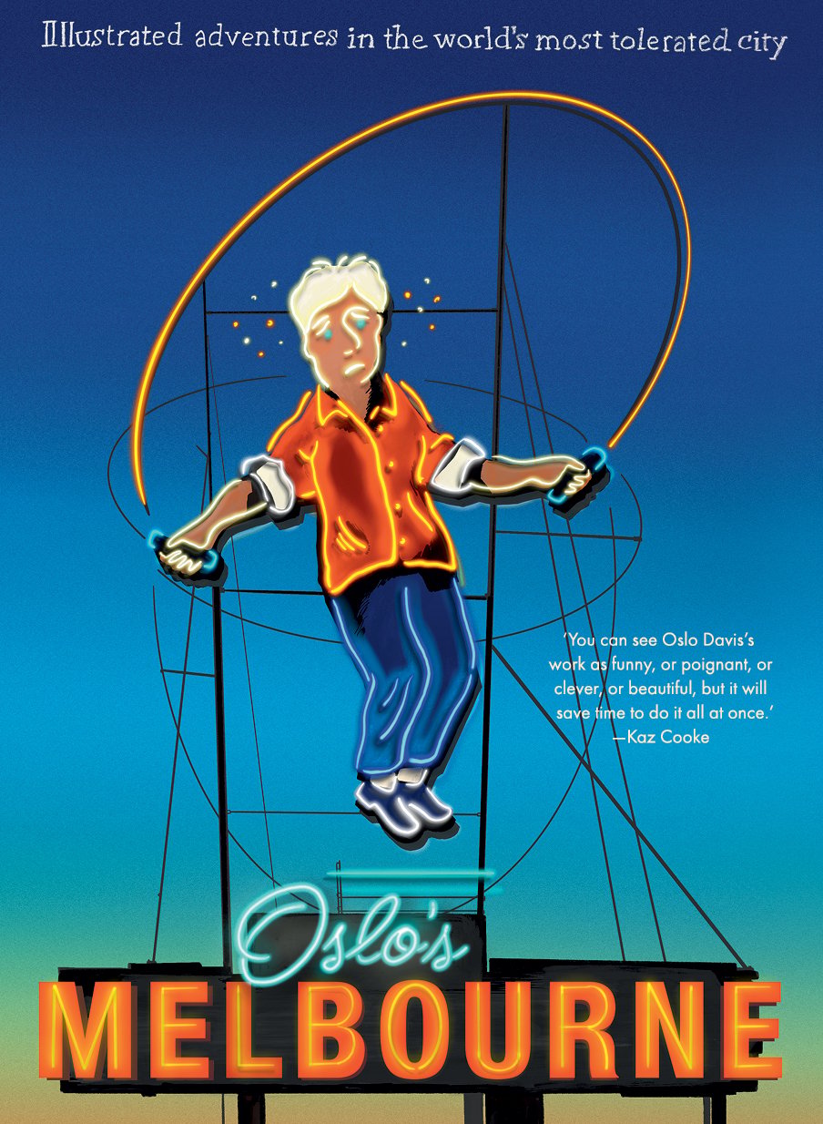 A neon-outlined cartoon drawing of a man with white hair, a red shirt and blue pants, who is skipping rope above a neon sign that says "Oslo's Melbourne" in blue and orange