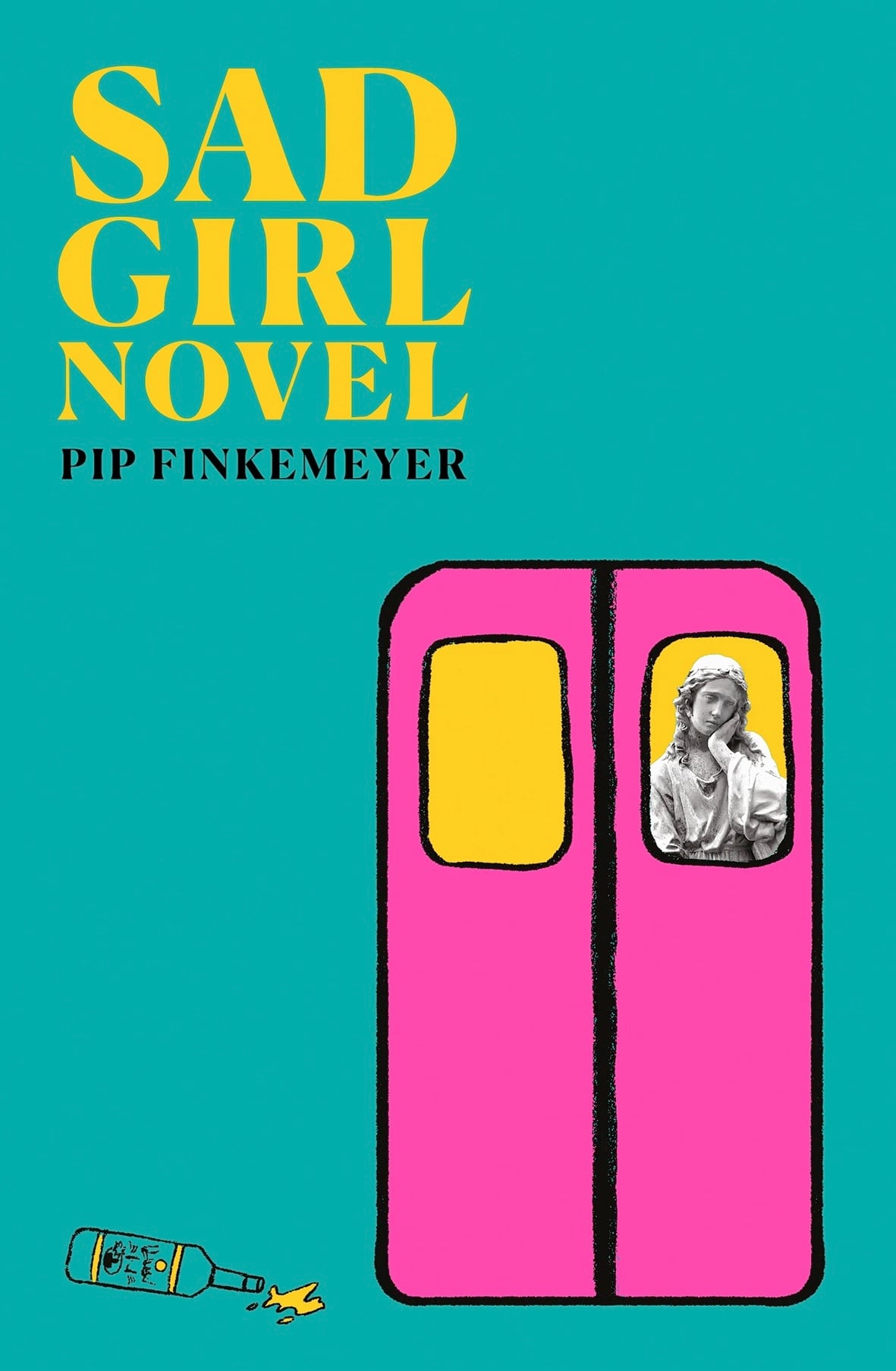 Illustration of pink train doors with a statue of a sombre female woman gazing out the window.
