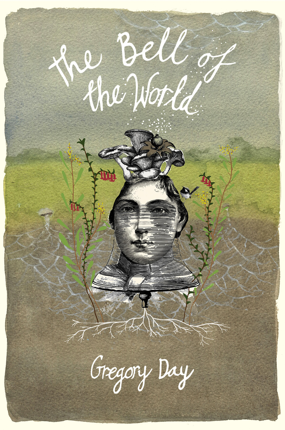 Book cover: an impressionist painting of a field and a gloomy sky above. In the centre, a sketch of a face with tree roots for a body and mushrooms growing out the top of their head.