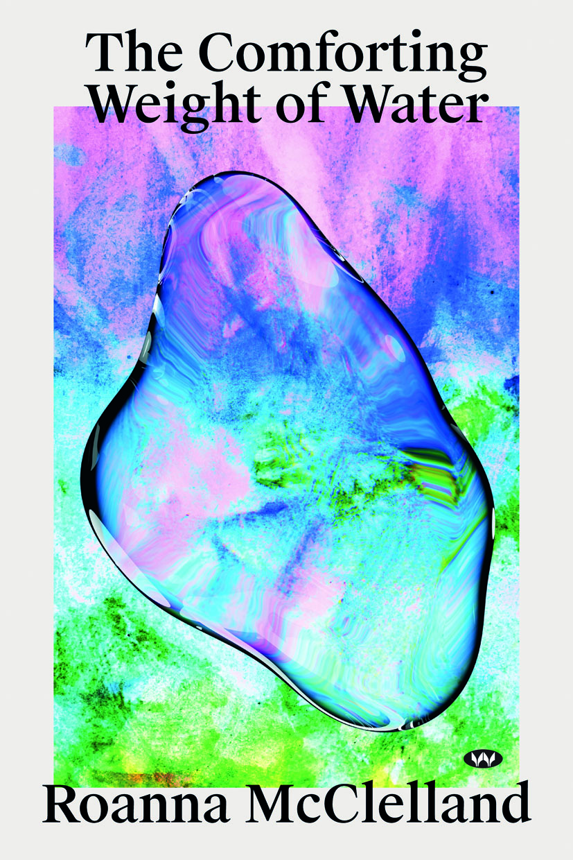 Book cover: pink, blue and green obscured under a single drop of water.