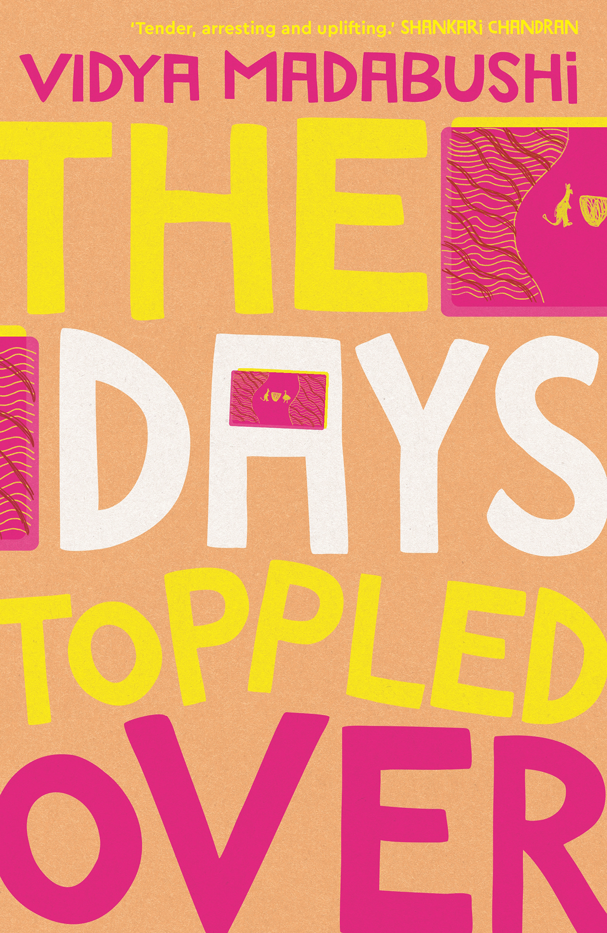 Book cover: The book author and title printed in yellow, white and pink.