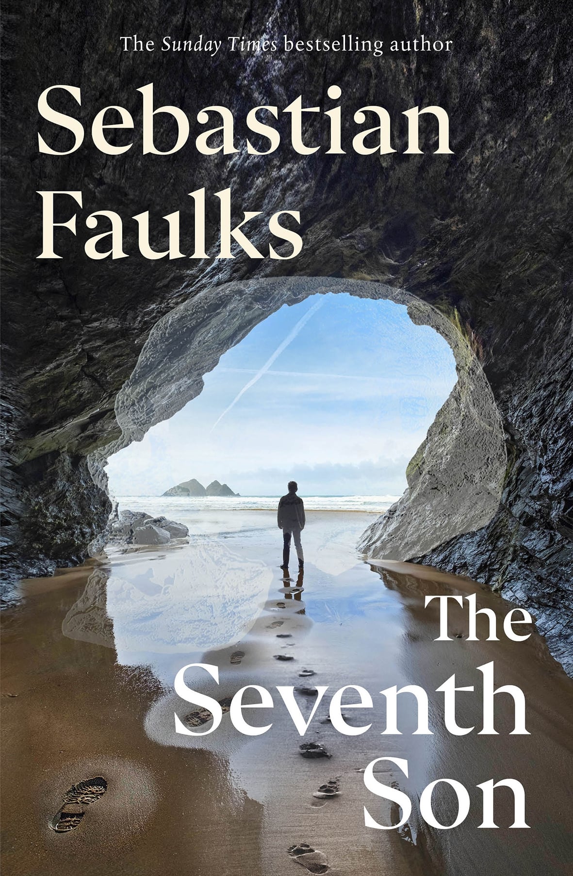 Book cover: an illustration of a man standing in the entrance of a cave, looking out to the ocean.
