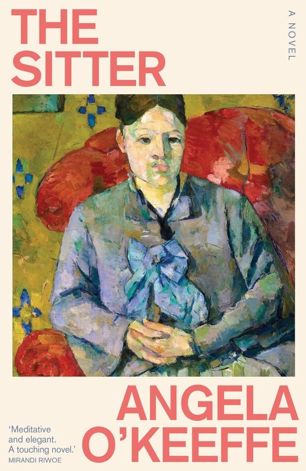 Book cover: a portrait painting of a a woman sitting on a red armchair.