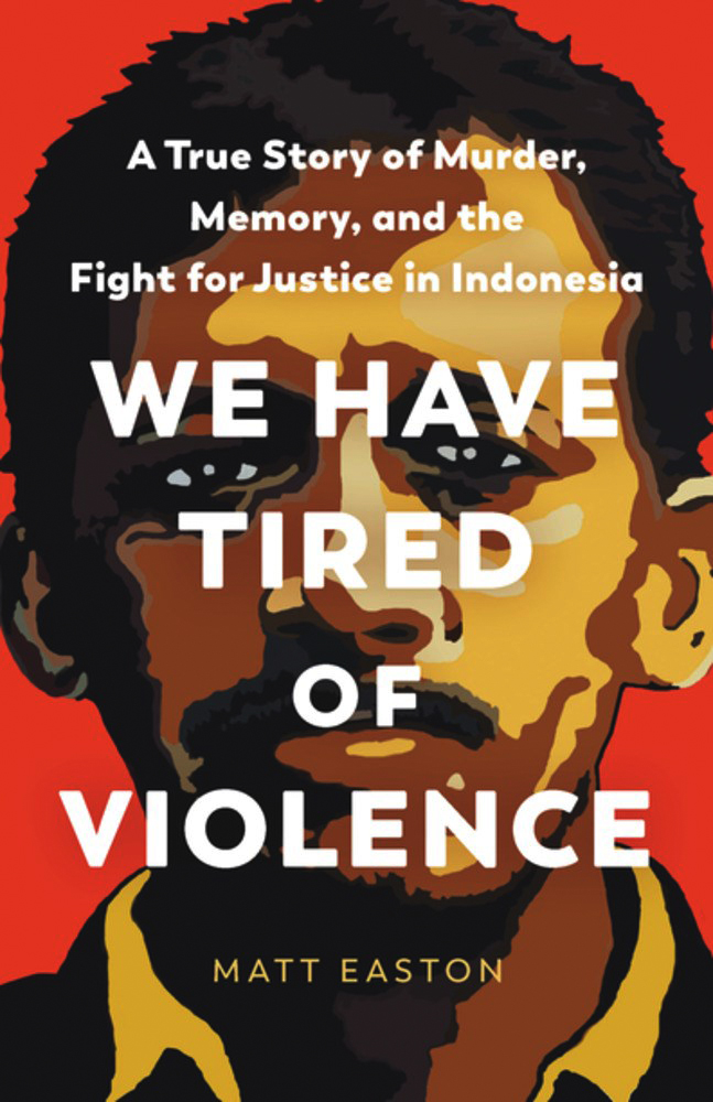 Book cover: Portrait graphic design of a man with dark hair and a moustache. The book blurb, title and byline is printed across his face.