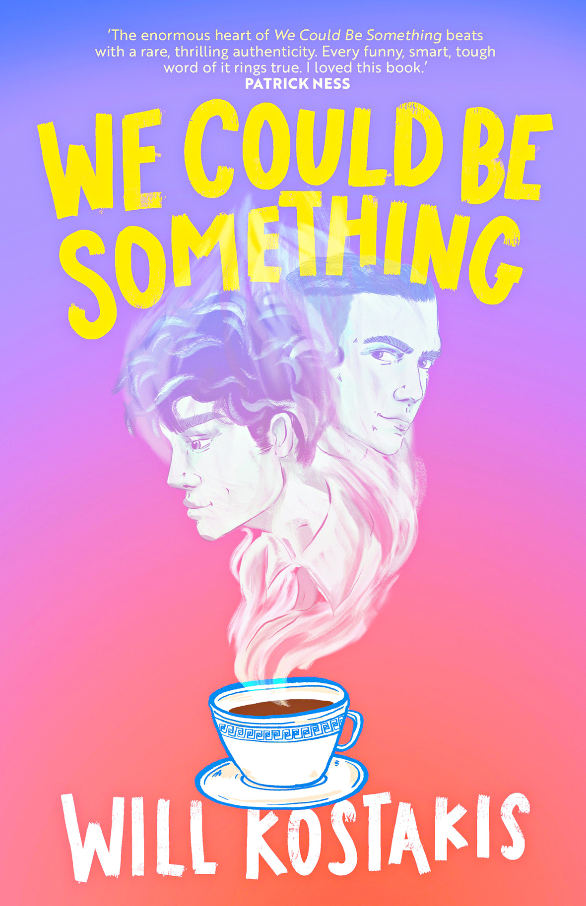 Book cover: a cup of tea with two young adult faces emerging in the steam.