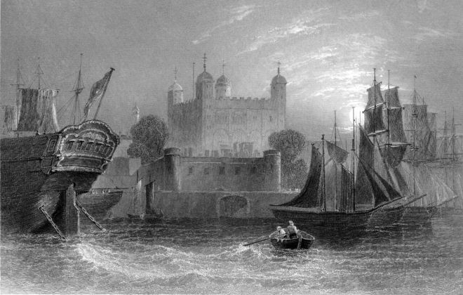 An illustration of two people in a small boat rowing toward castle walls.