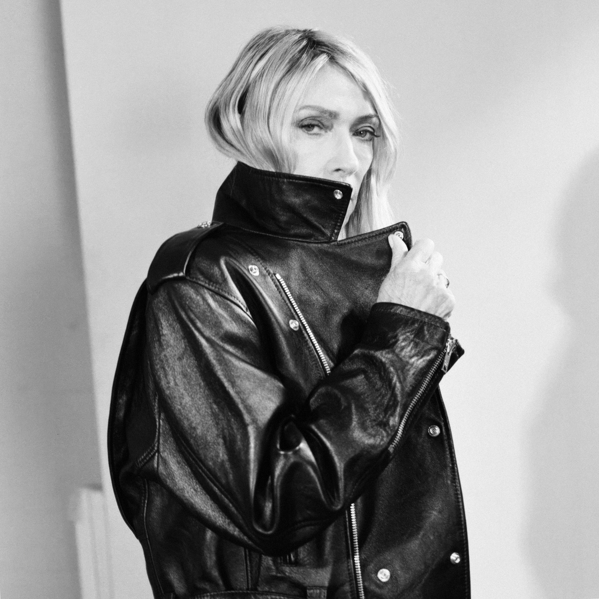 Kim Gordon in a leather jacket.