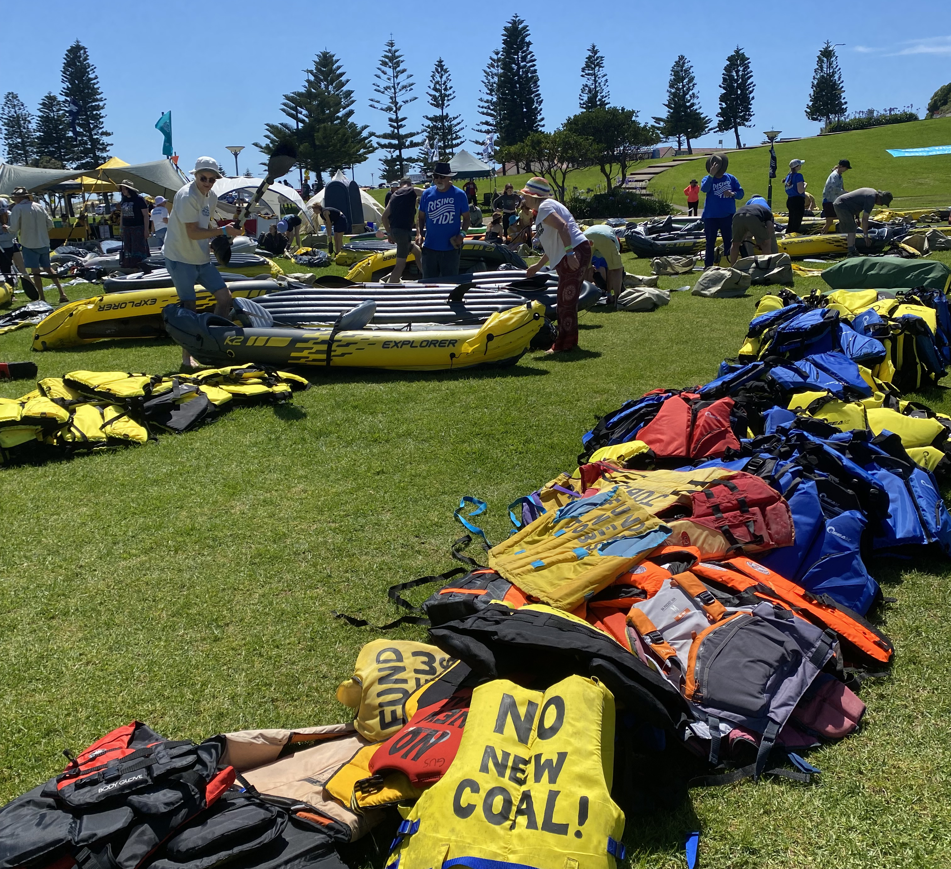 Protestors prepare boats and equipment for the Newcastle port blockade.