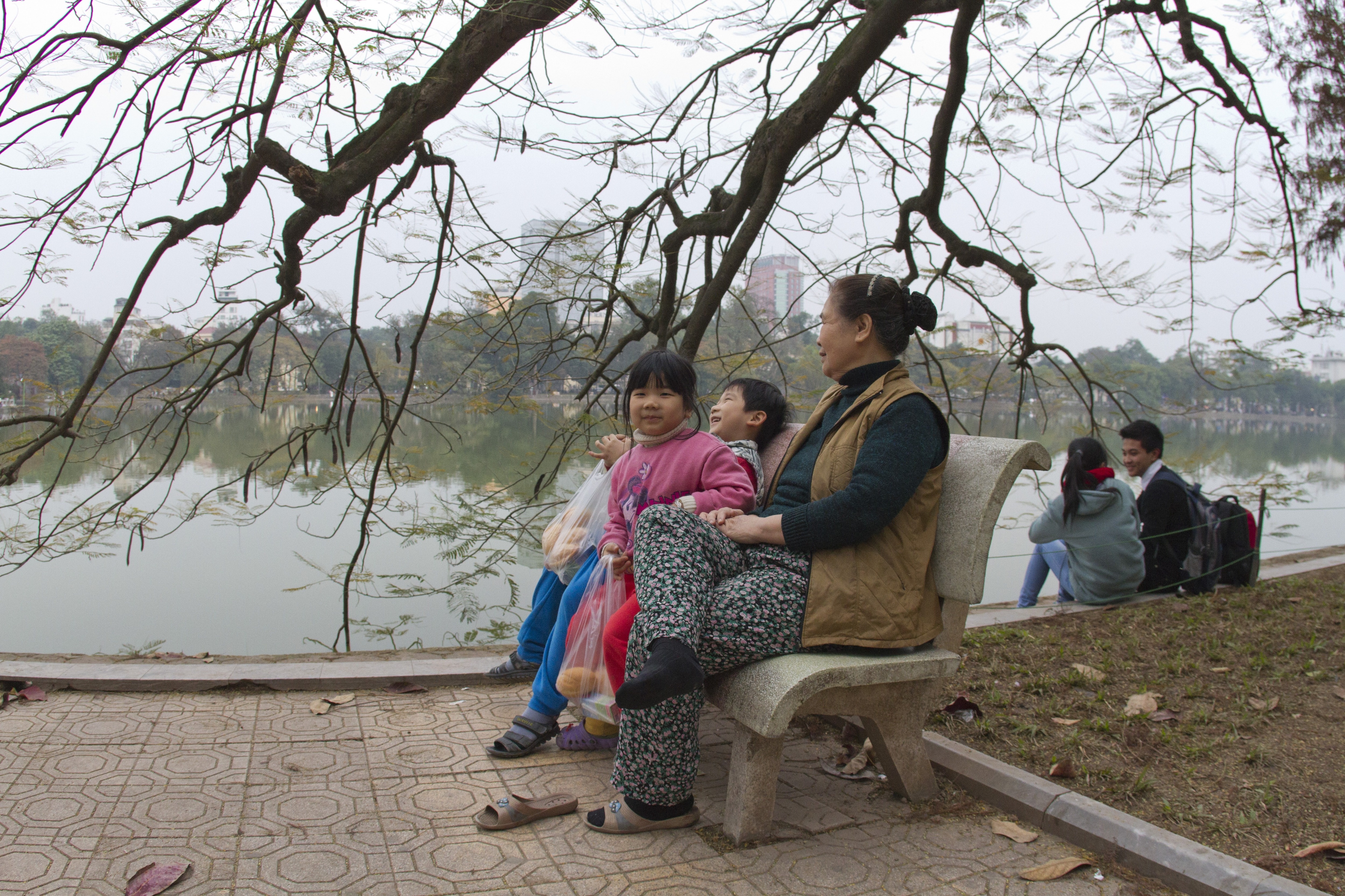 An elderly woman and two children sit on a park bench overlooking a lake.