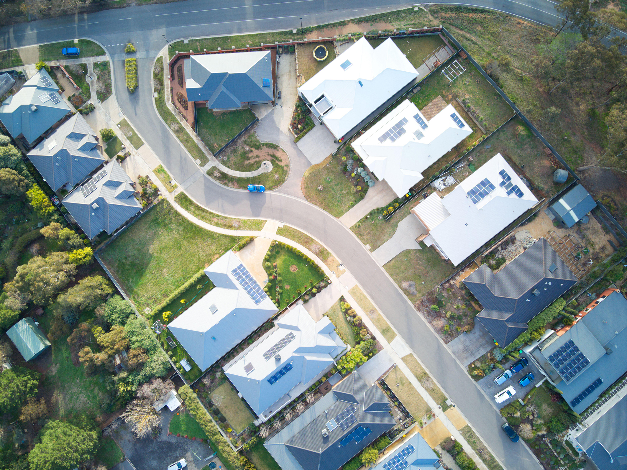 Birds-eye view of a suburban neighbourhood.
