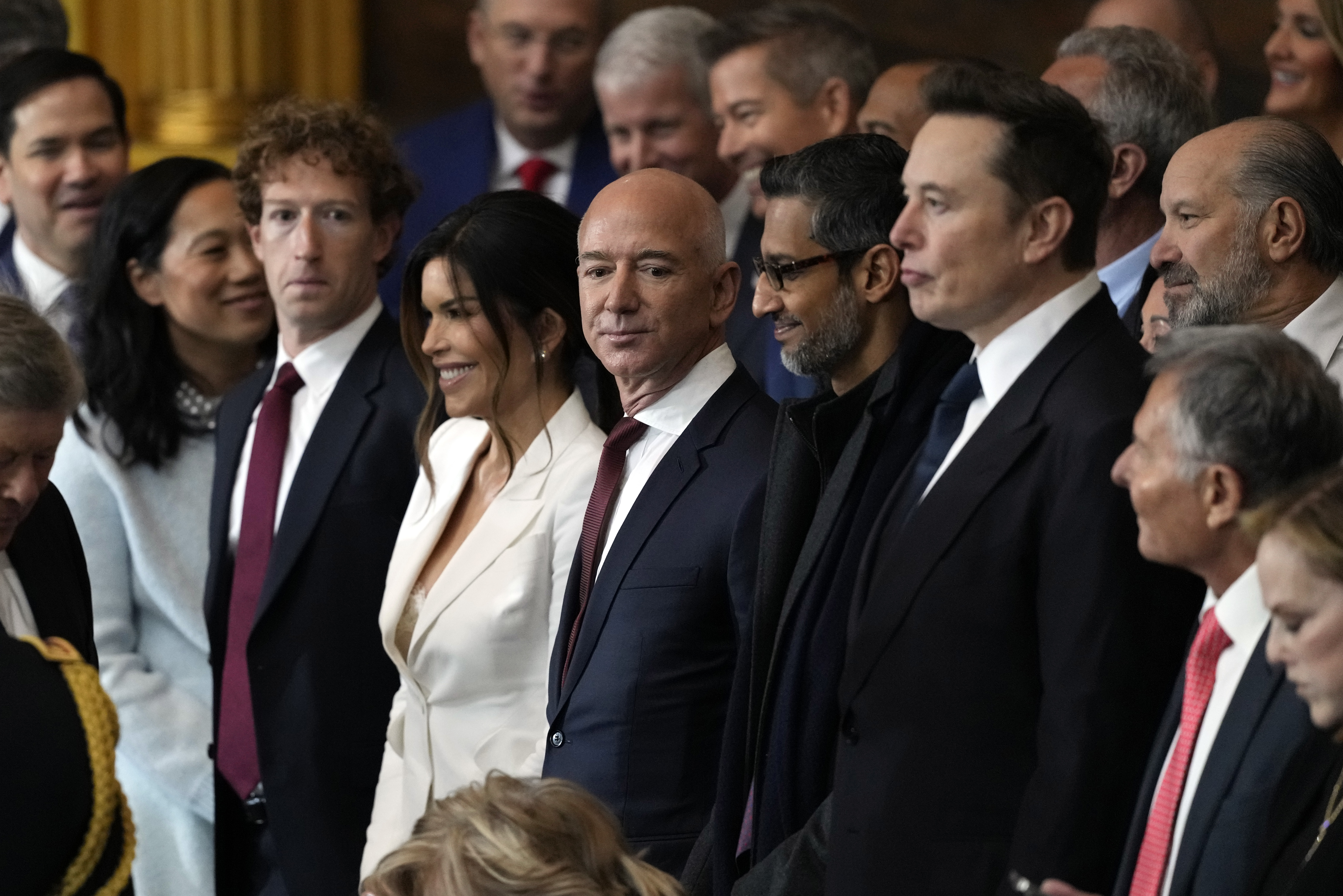 Front-row billionaires Mark Zuckerberg, Jeff Bezos and Elon Musk. 