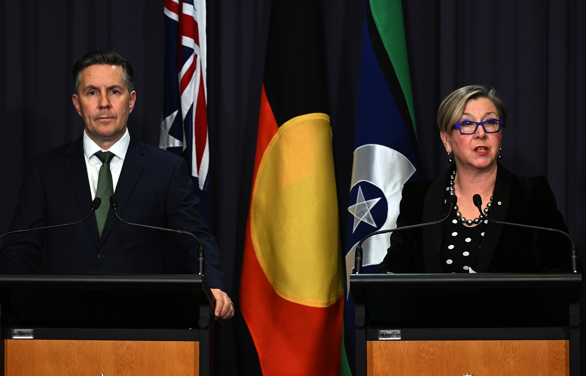 Two middle-aged politicians in formal dress speak at a press conference with flags behind them.