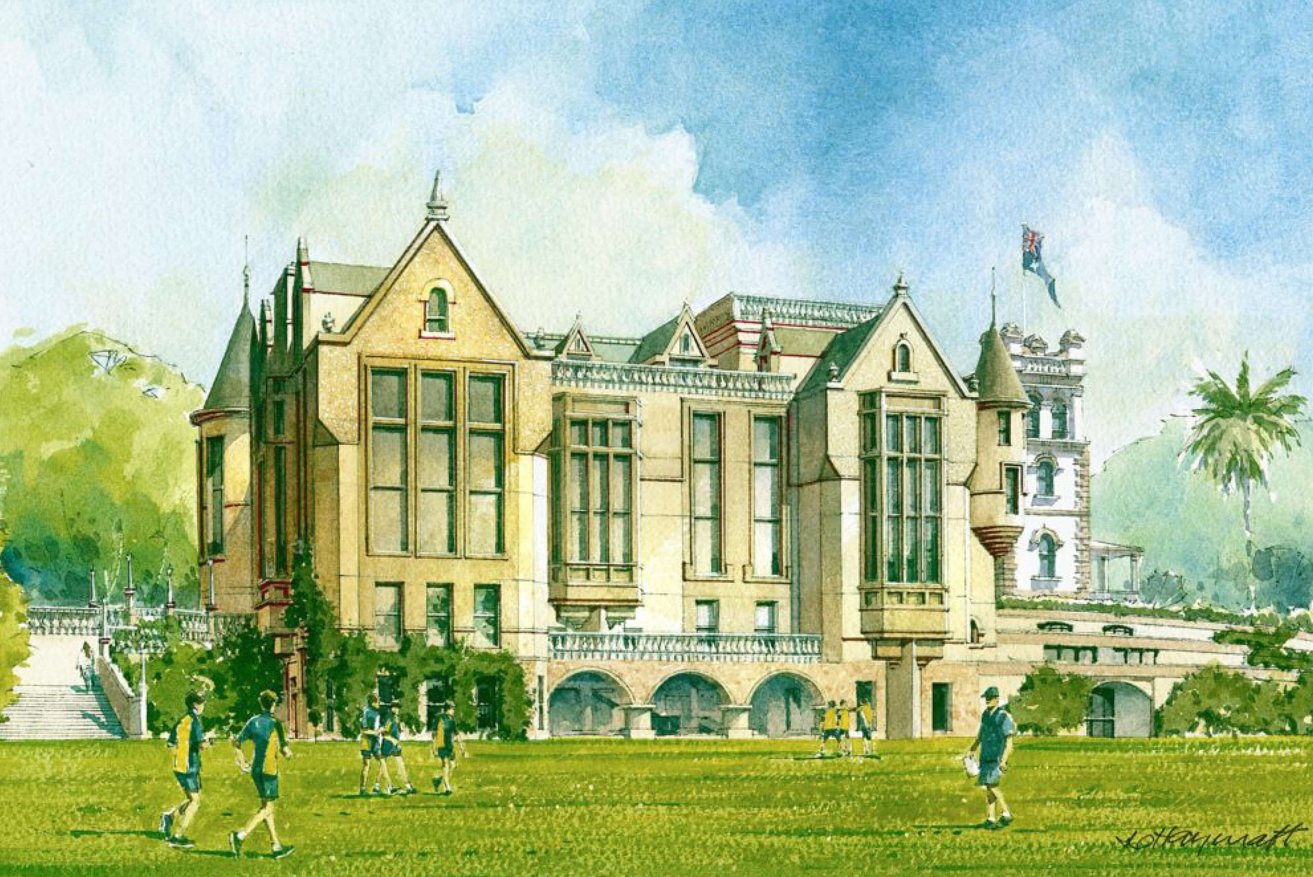 Illustration of a college made of sandstone.