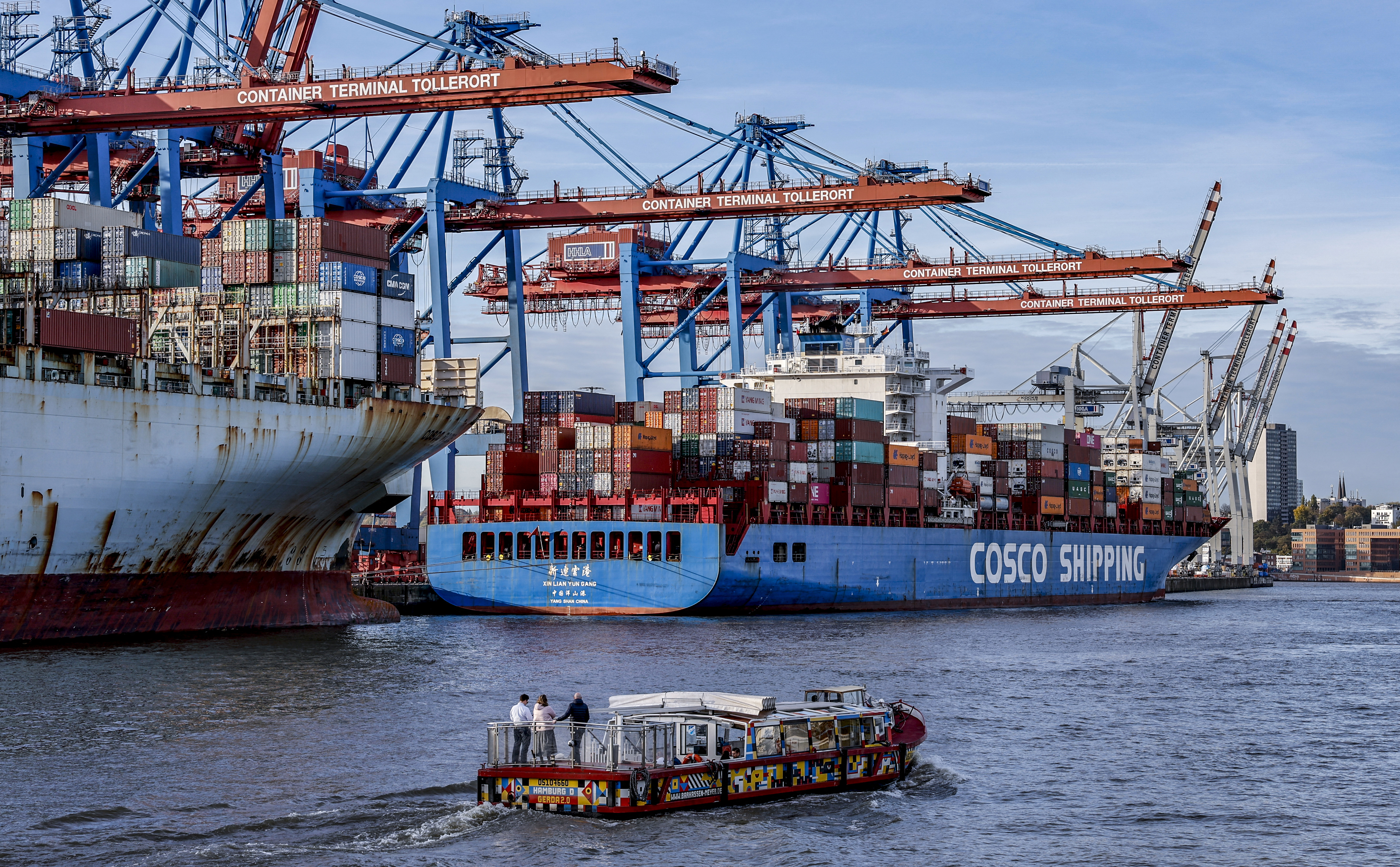 A container ship in the port of Hamburg, Germany.