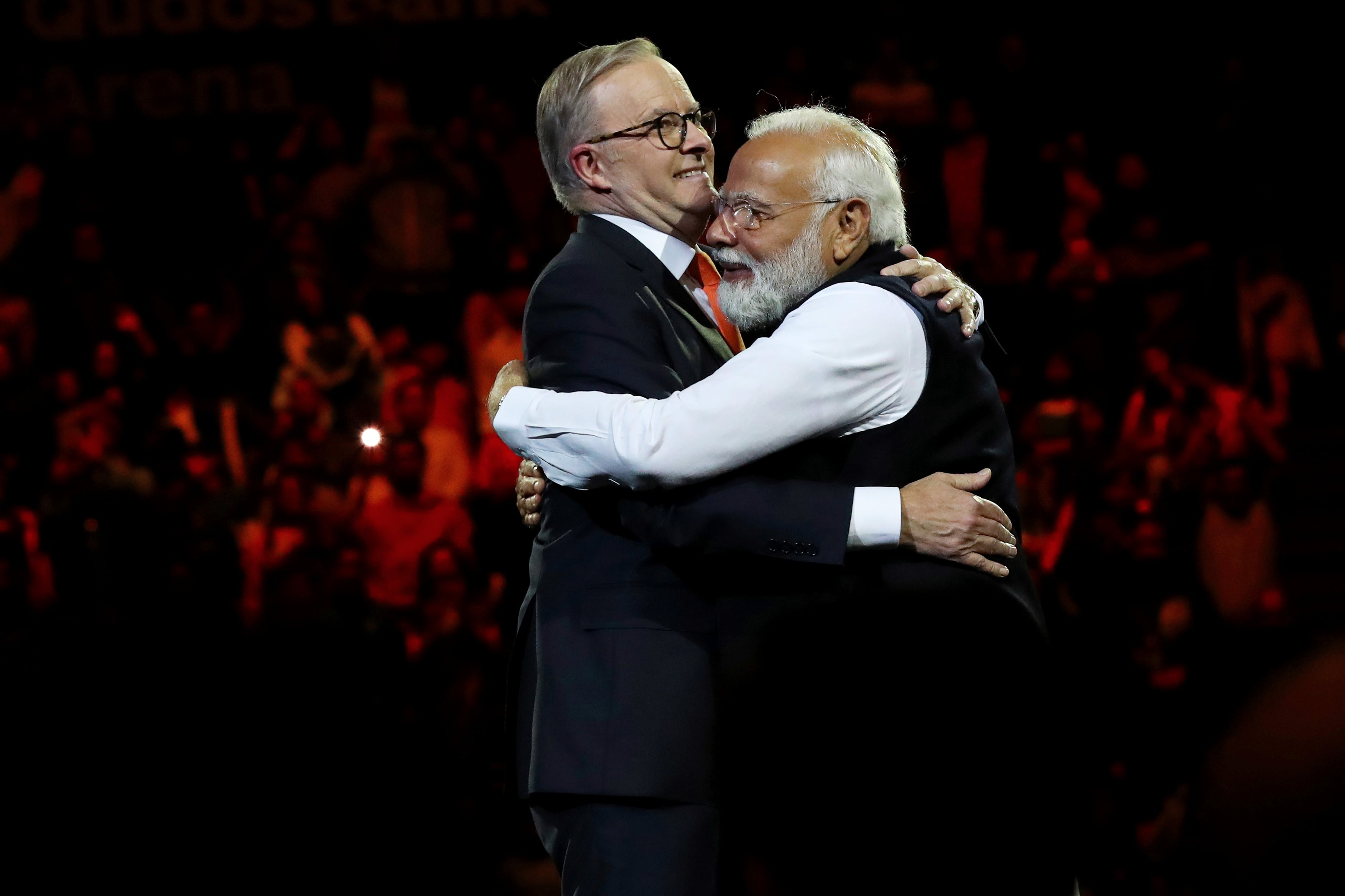  India’s Prime Minister Narendra Modi and Australia’s Prime Minister Anthony Albanese embrace at an Indian cultural event in Sydney last year. 