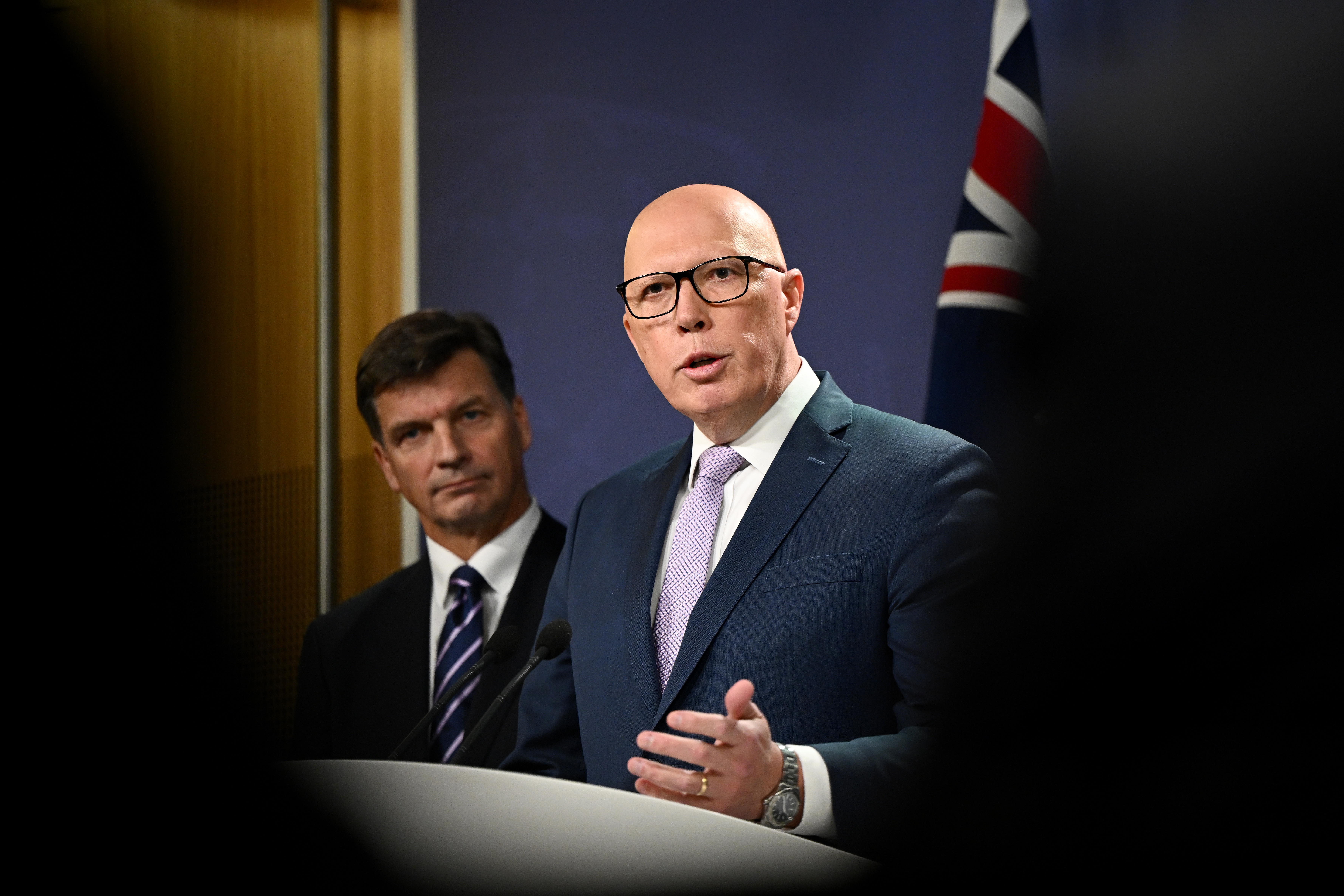 The shadow treasurer, Angus Taylor, and Opposition Leader Peter Dutton launch their nuclear energy plan on Wednesday.