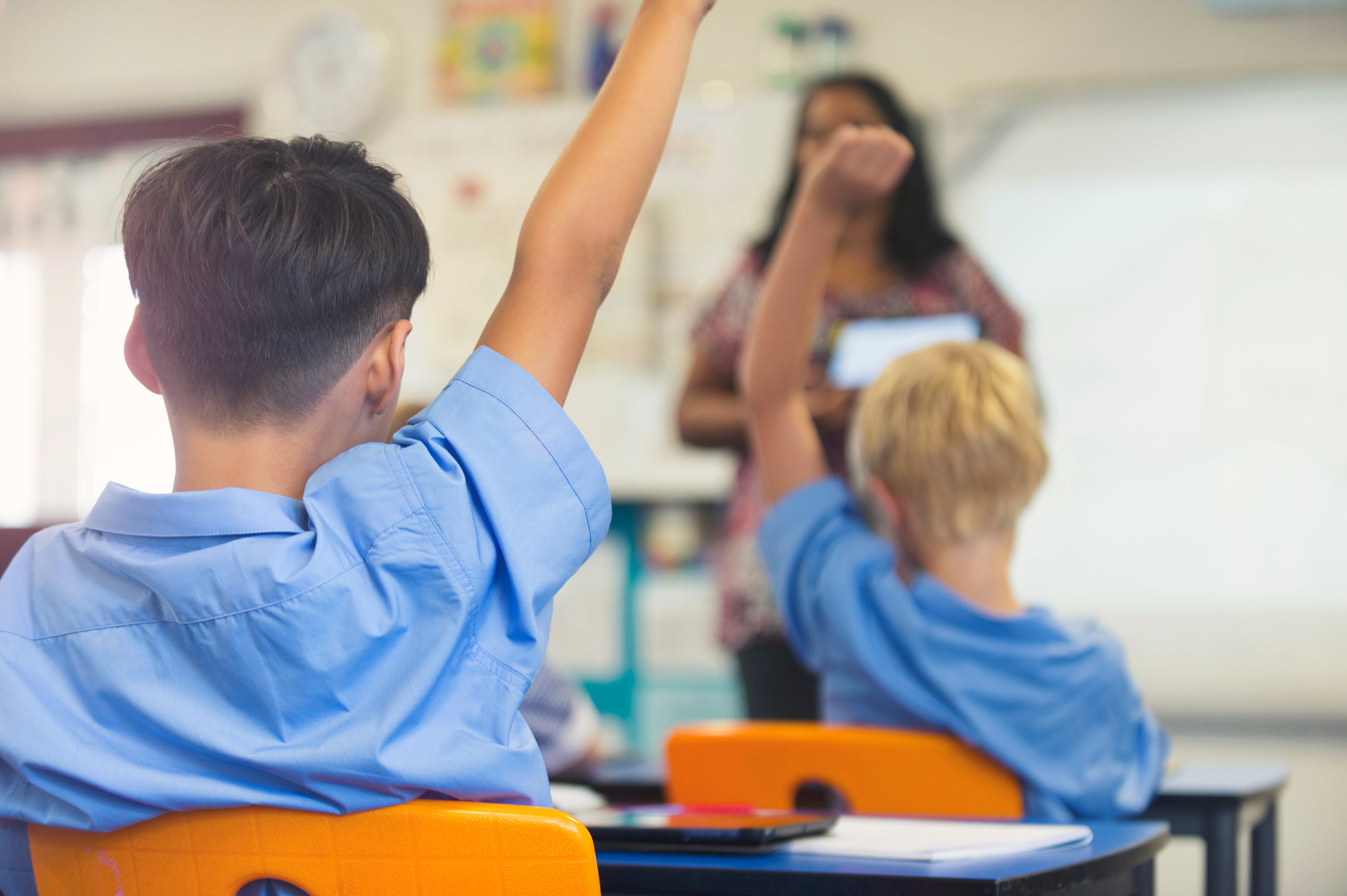 Children raise their hands in the classroom.