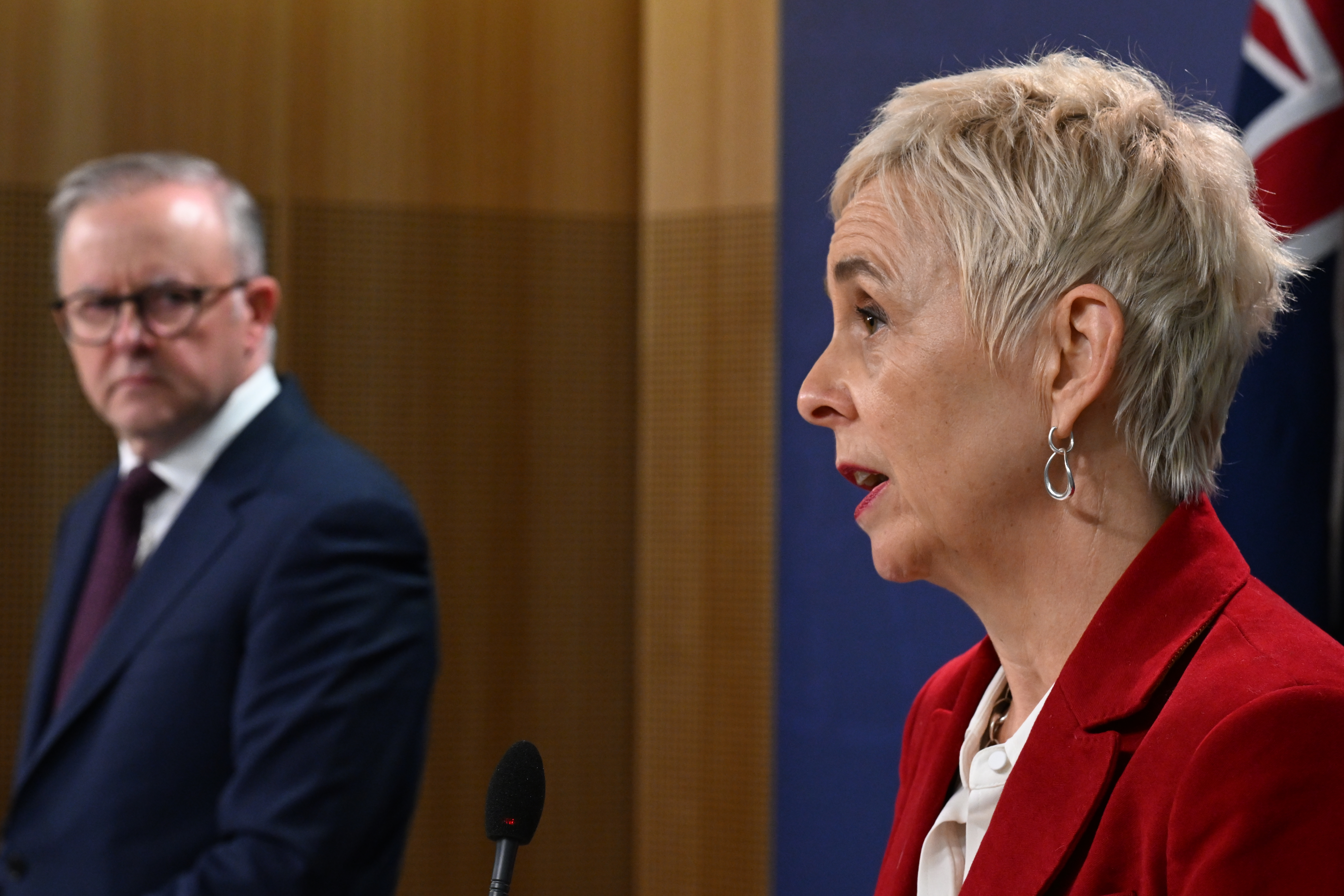 Anthony Albanese and Micaela Cronin at a press conference.