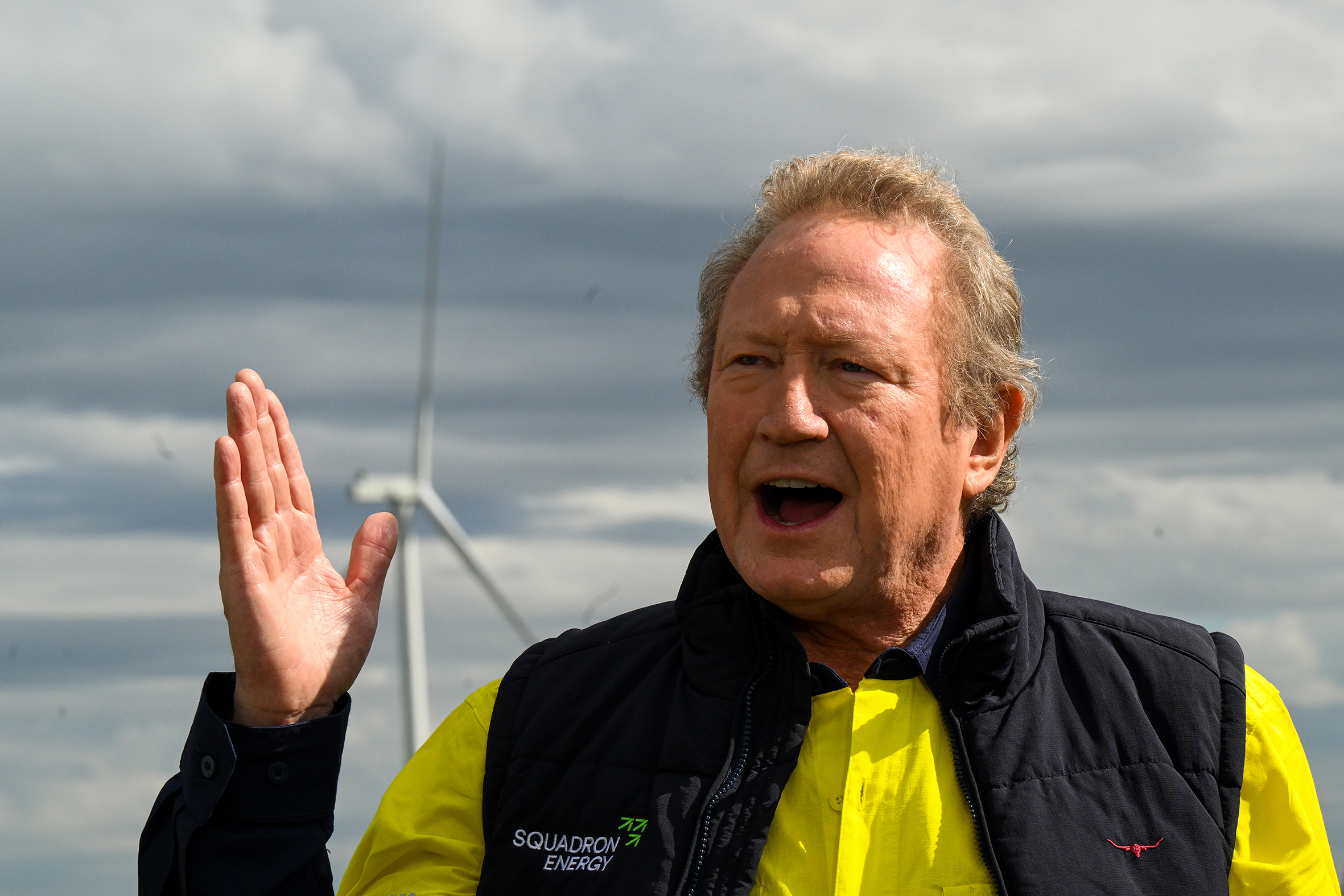Twiggy Forrest in a hi-vis shirt and a puffer vest. Behind him, a wind turbine.