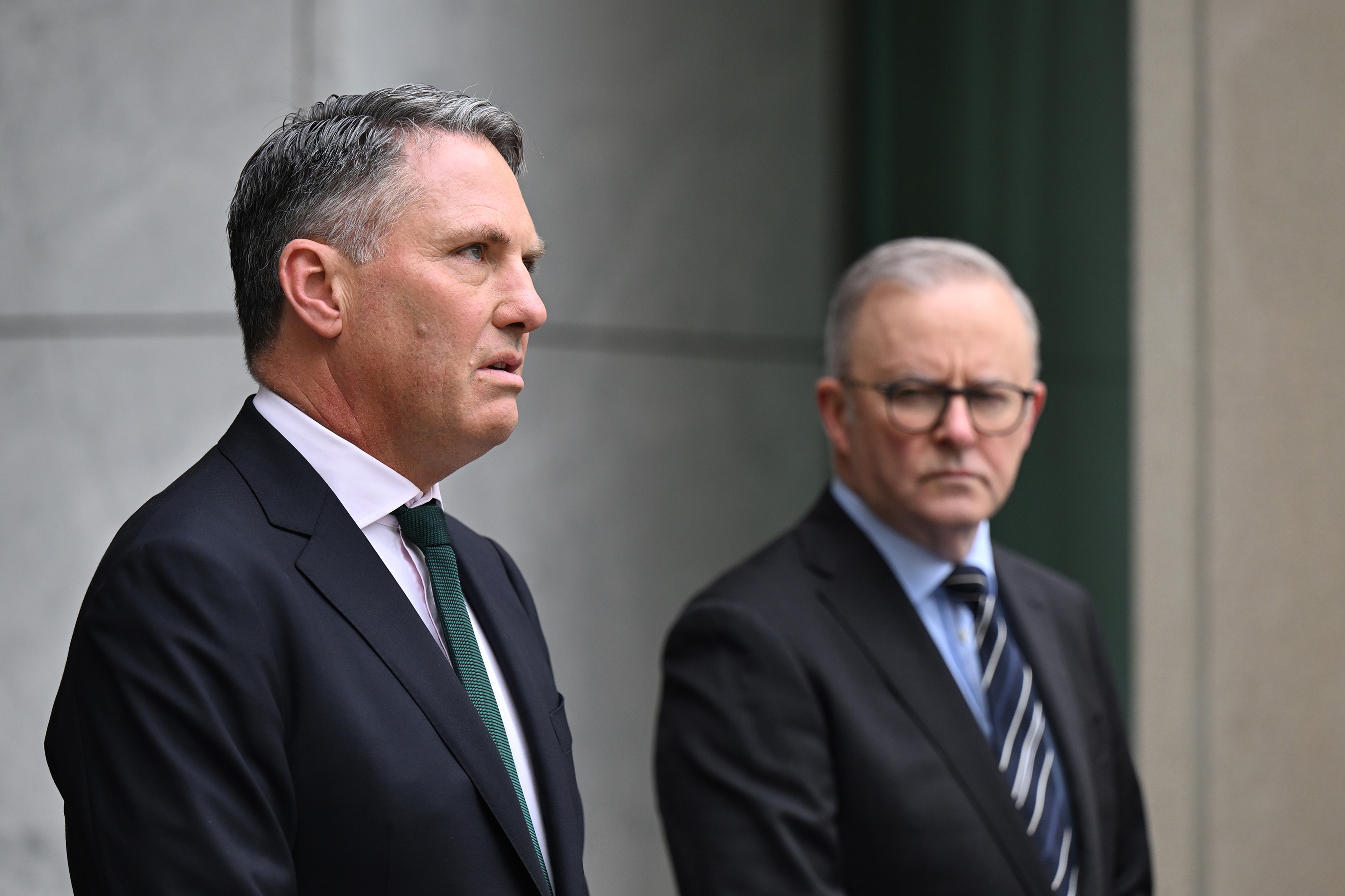 Richard Marles and Anthony Albanese at a press conference at Parliament House. 