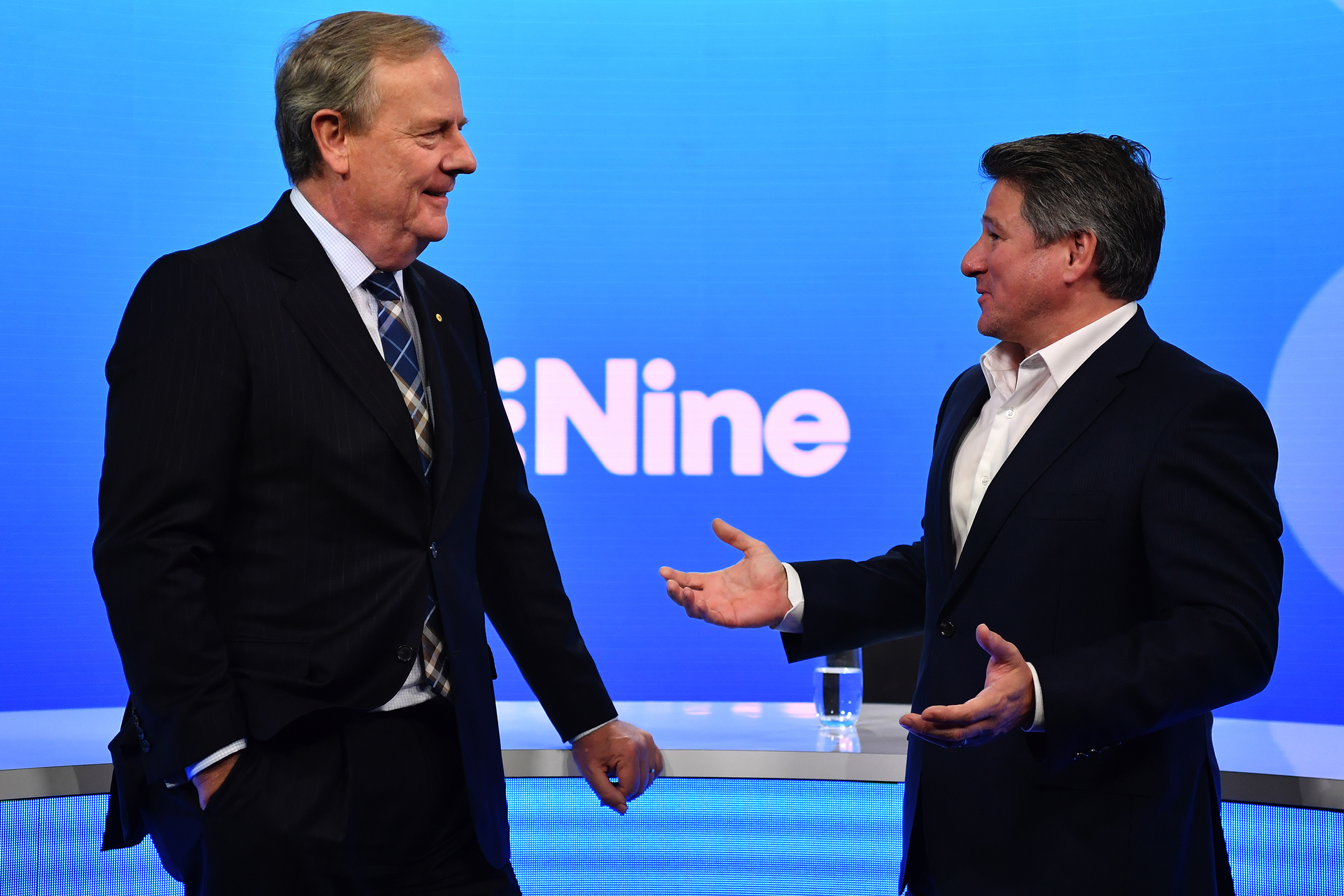 Former Nine chairman Peter Costello with current chief executive Mike Sneesby. 