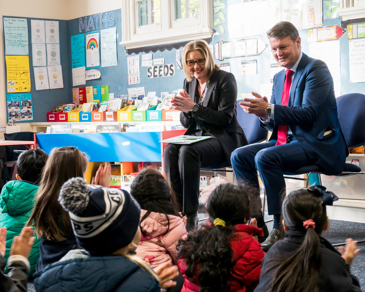 Victorian Premier Jacinta Allan and Education Minister Ben Carroll with primary school students.