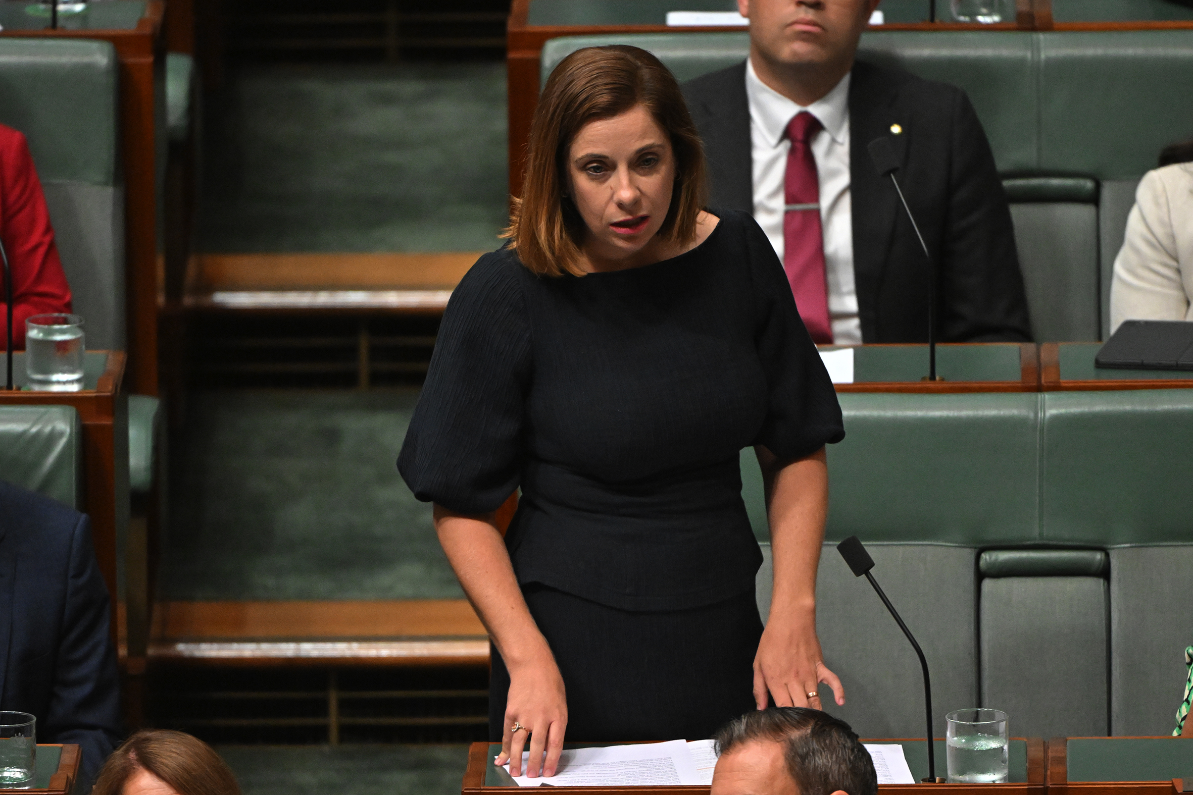A woman in a black dress speaking in parliament.